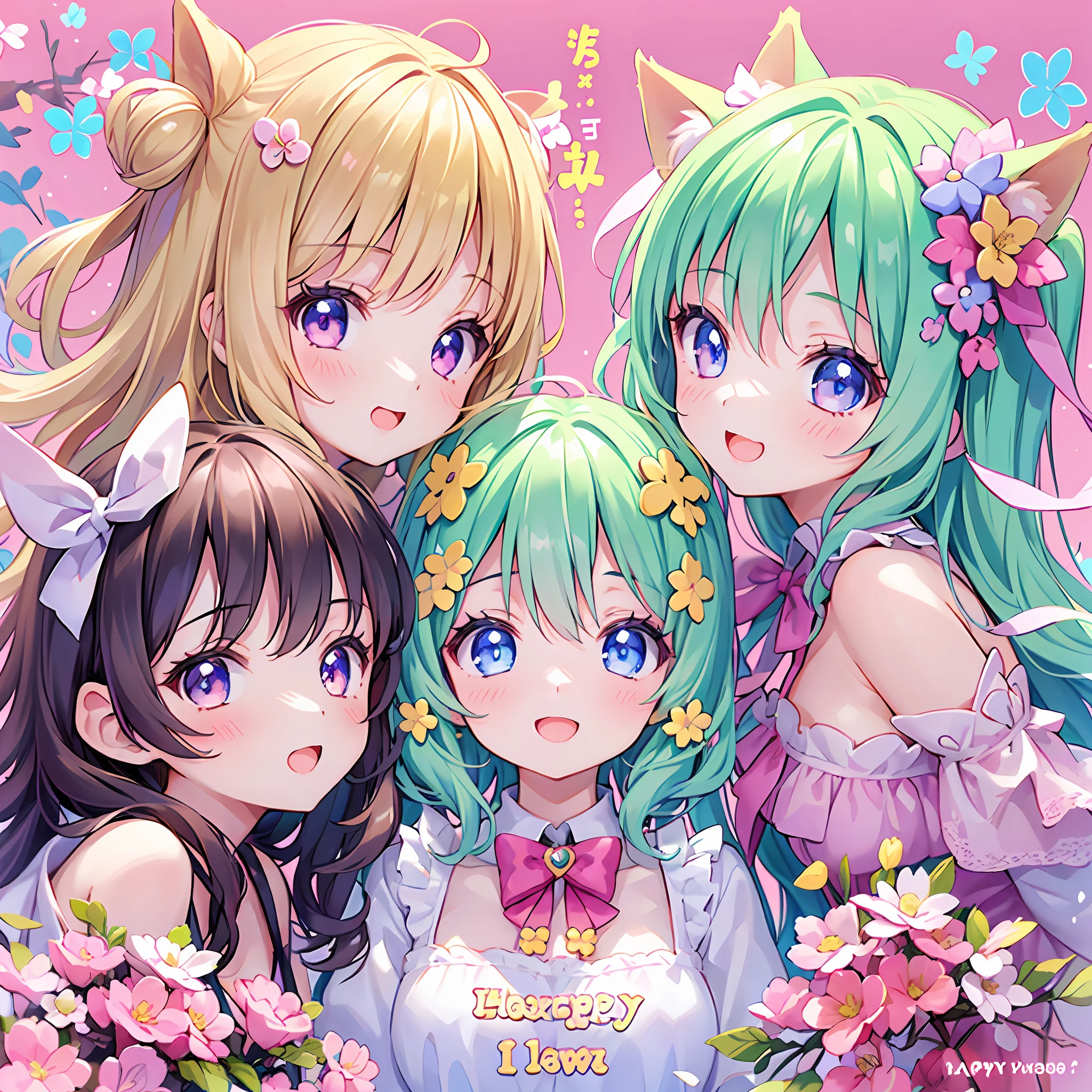 masterpiece, (2girls and 2girls and 2girls and 2girls), idol, closeup, big eyes, kawaiitech, kawaii, cute, pastel colors, best quality, happy, deep background, symmetrical, tilted head, spring, cover, title