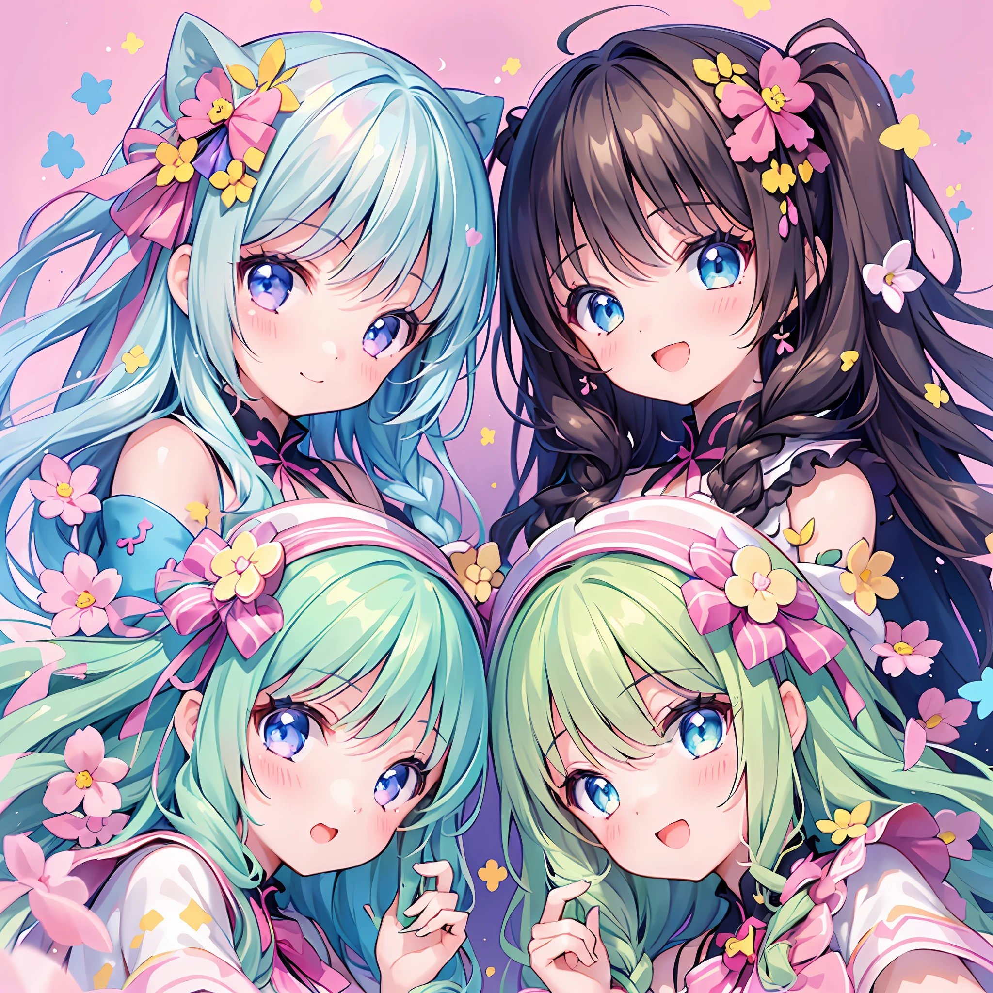 masterpiece, (2girls and 2girls and 2girls and 2girls), idol, closeup, big eyes, kawaiitech, kawaii, cute, pastel colors, best quality, happy, deep background, symmetrical, tilted head, spring, cover, title