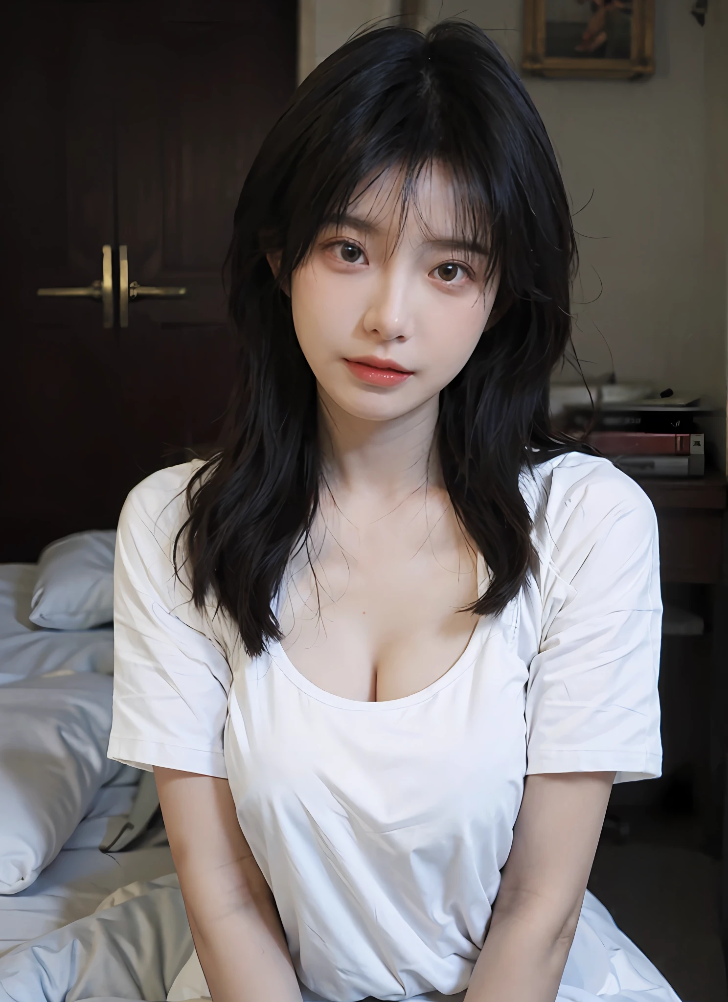 best qualtiy，tmasterpiece，超高分辨率，（realisticlying：1.4），1girll，Raised sexy，A ball head，voluminous hair，Delicate face，Vivid，Real girls，largeaperture，cleavage，Wearing a white t-shirt dress，macro shot，plump，slightly fat big breasts，Very plump，sexy for，Looking at you，good eyes looking，