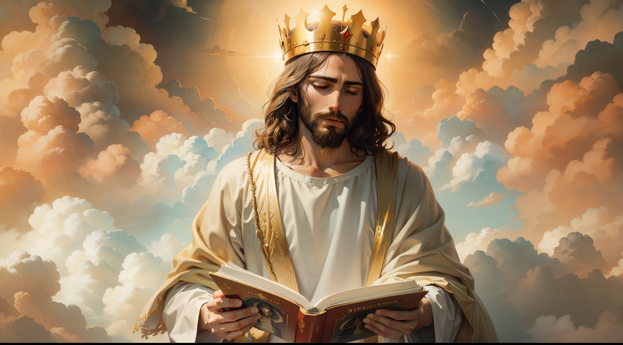 [a realistic painting of Jesus reading a book with a golden crown amid the clouds of heaven]