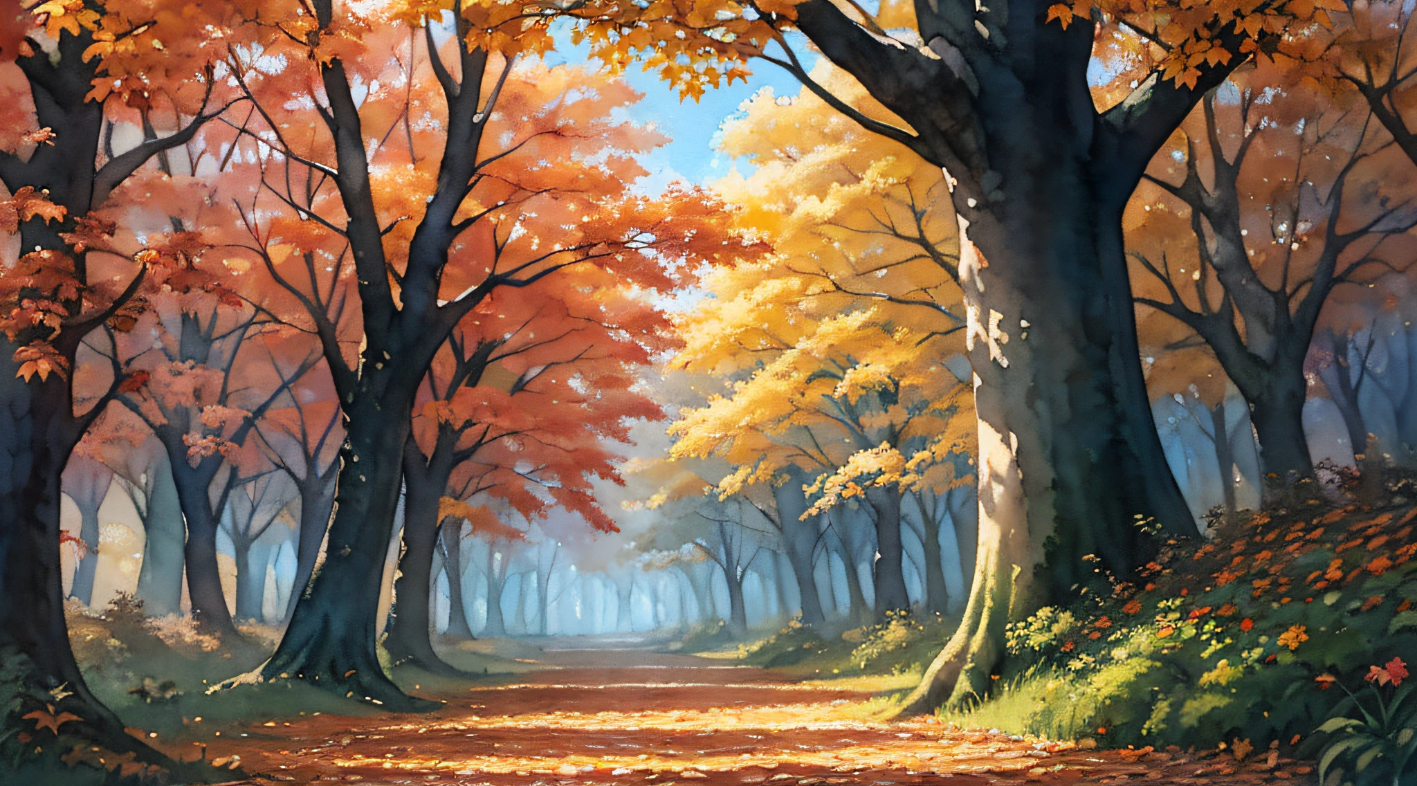 forest, nature, (night: 1.2), ((natural lighting)), clear focus, (long shot: 1.1), (watercolor: 1.2), painting, (autumn: 1.2), studio ghibli