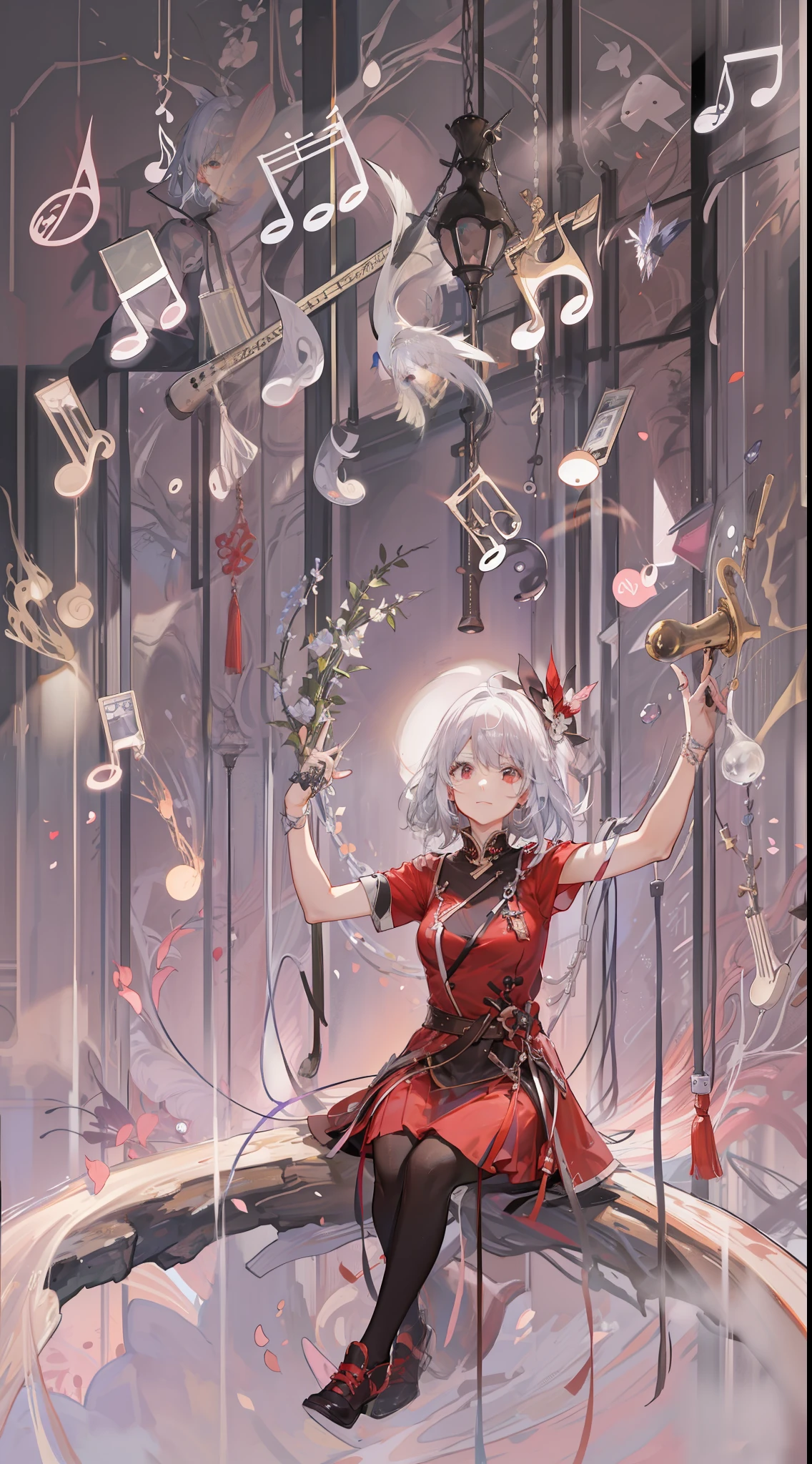 Girl in a dream。I have short silver hair。Wearing red clothes。It's a rock band。I'm playing bass。Music notes are flying around。It is an illustration of the highest quality