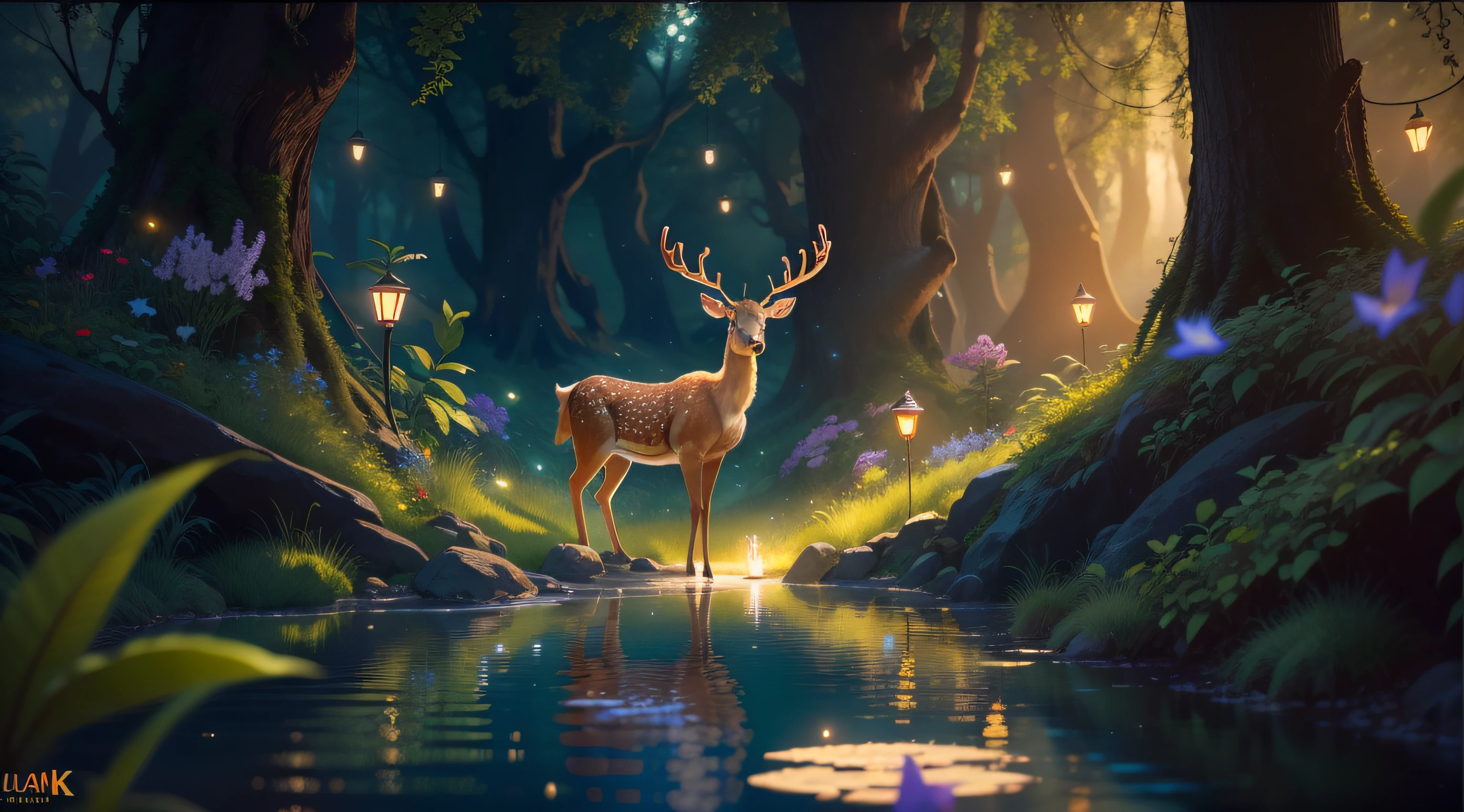 Masterpiece, best quality, (very detailed CG unity 8k wallpaper), (best quality), (best illustration), (best shadows), glow sprite, with a glowing deer, in the swimming pool Drinking water, natural elements in the forest theme. Mysterious forest, beautiful forest, nature, surrounded by flowers, delicate leaves and branches surrounded by fireflies (natural elements), (jungle theme), (leaves), (twigs), (fireflies), (particle effects) etc. 3D , Octane rendering, ray tracing, super detailed