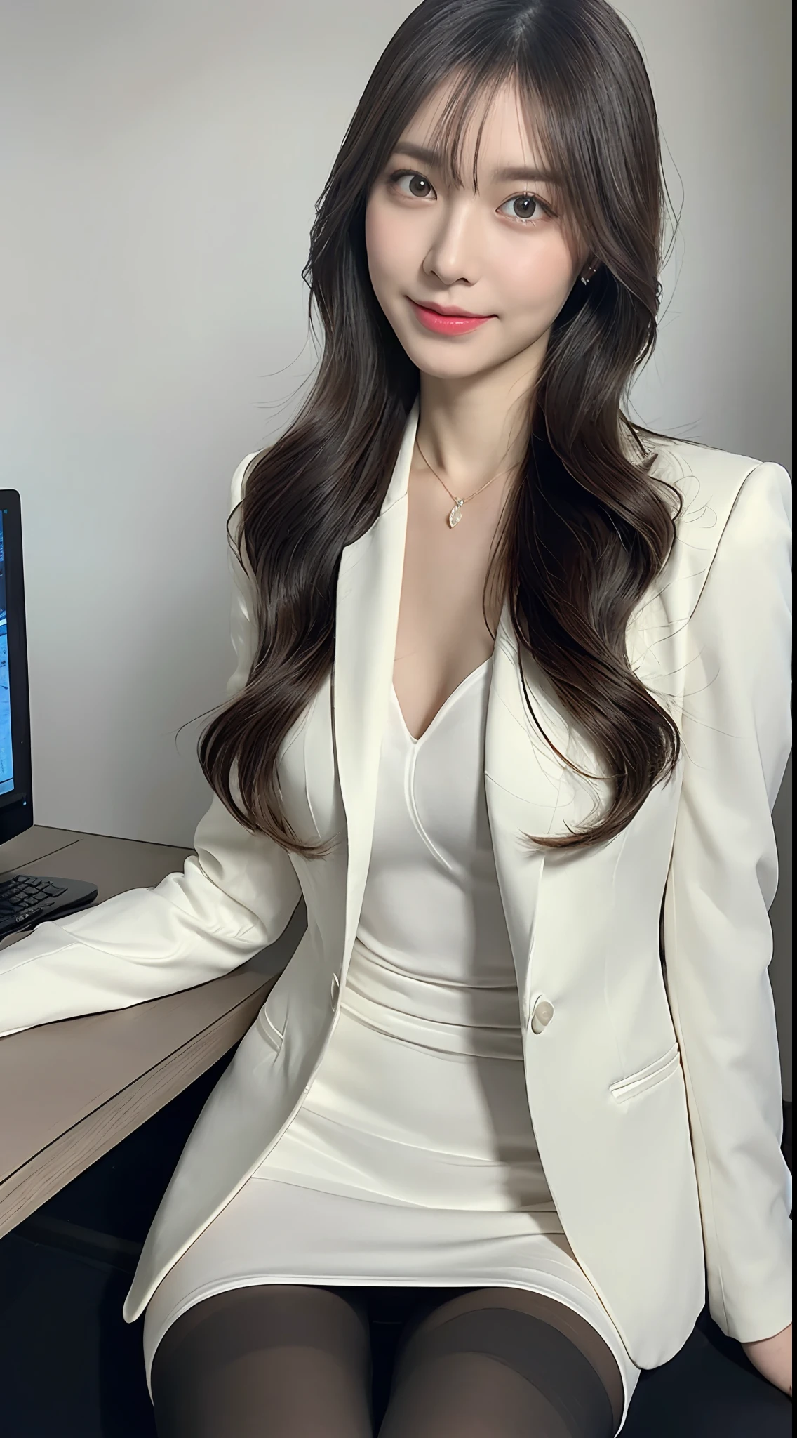 Elegant woman in white business suit,  (beauty legs、thighs thighs thighs thighs、Black pantyhose)、Sitting at a desk、Wearing a strict white business suit, luxurious suit, Girl in a suit, Girl in suit, in a strict suit, elegant suit, ekaterina, in a business suit, Business attire,　Wearing a business suit, Smile、Ready for a meeting、(Photorealsitic:1.4)、(masuter piece:1.3)、 (intricate-detail:1.2), (crisp photos)、Raw photo, (top-quality, ​masterpiece:1.2),(intricate detailes:1.4),(octane renderings, Complex 3D rendering ultra detail, studio lights, crisp lighting, vibrant detail, Super Detail, realistic skin textures, Detail Face, Beautiful detail eyes, Very detailed CG Unity 16k wallpaper, make - up, (detailedbackground:1.2), shinny skin、