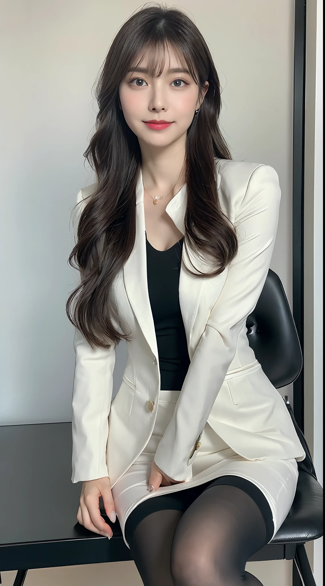 Elegant woman in white business suit, (beauty legs、thighs thighs thighs thighs、Black pantyhose)、Sitting at a desk、Wearing a strict white business suit, luxurious suit, Girl in a suit, Girl in suit, in a strict suit, elegant suit, ekaterina, in a business suit, Business attire, Wearing a business suit, Smile、Ready for a meeting、(Photorealsitic:1.4)、(masuter piece:1.3)、 (intricate-detail:1.2), (crisp photos)、Raw photo, (top-quality, masterpiece:1.2),(intricate detailes:1.4),(octane renderings, Complex 3D rendering ultra detail, studio lights, crisp lighting, vibrant detail, Super Detail, realistic skin textures, Detail Face, Beautiful detail eyes, Very detailed CG Unity 16k wallpaper, make - up, (detailedbackground:1.2), shinny skin、