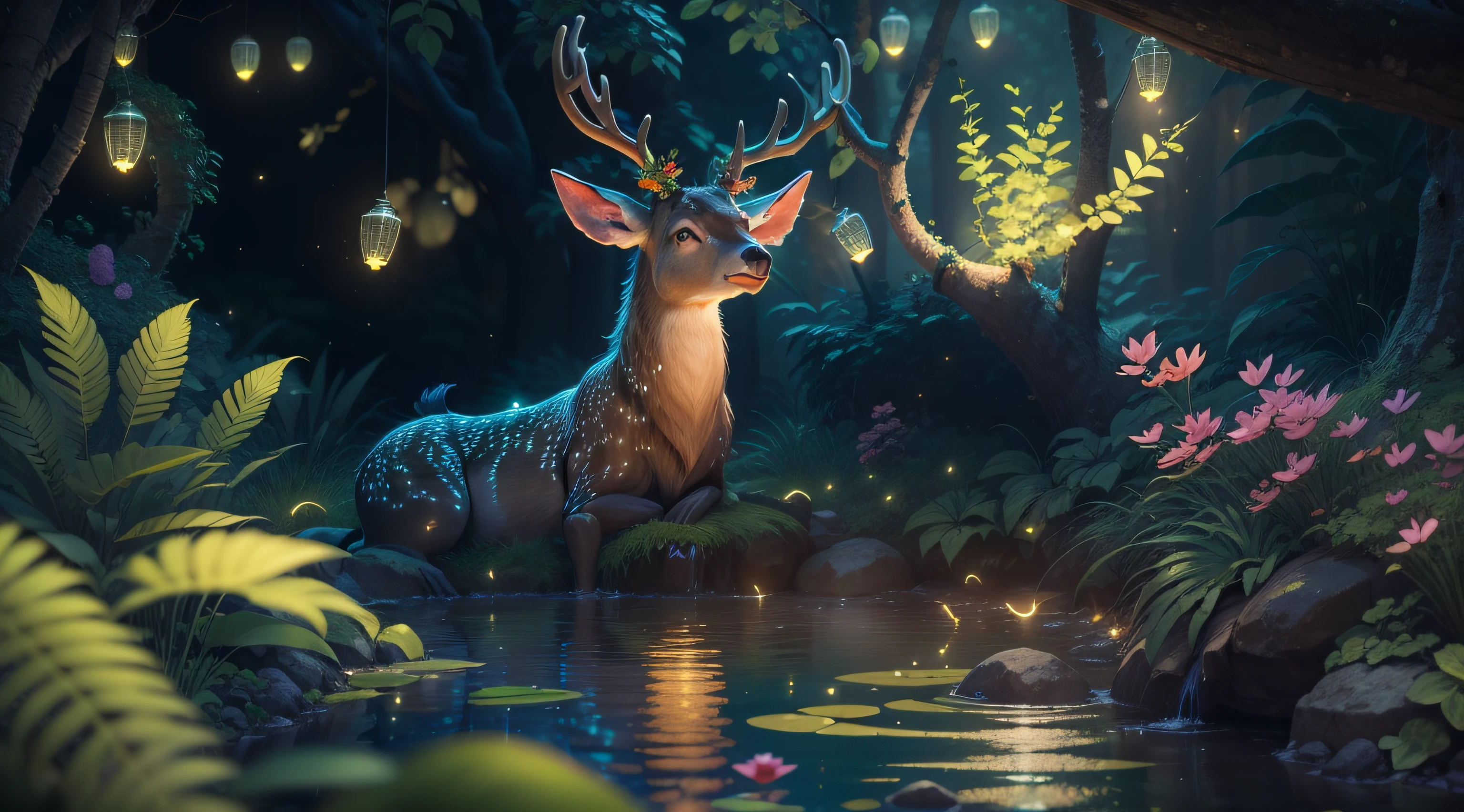 Masterpiece, best quality, (very detailed CG unity 8k wallpaper), (best quality), (best illustration), (best shadows), glow sprite, with a glowing deer, in the swimming pool Drinking water, natural elements in the forest theme. Mysterious forest, beautiful forest, nature, surrounded by flowers, delicate leaves and branches surrounded by fireflies (natural elements), (jungle theme), (leaves), (twigs), (fireflies), (particle effects) etc. 3D , Octane rendering, ray tracing, super detailed