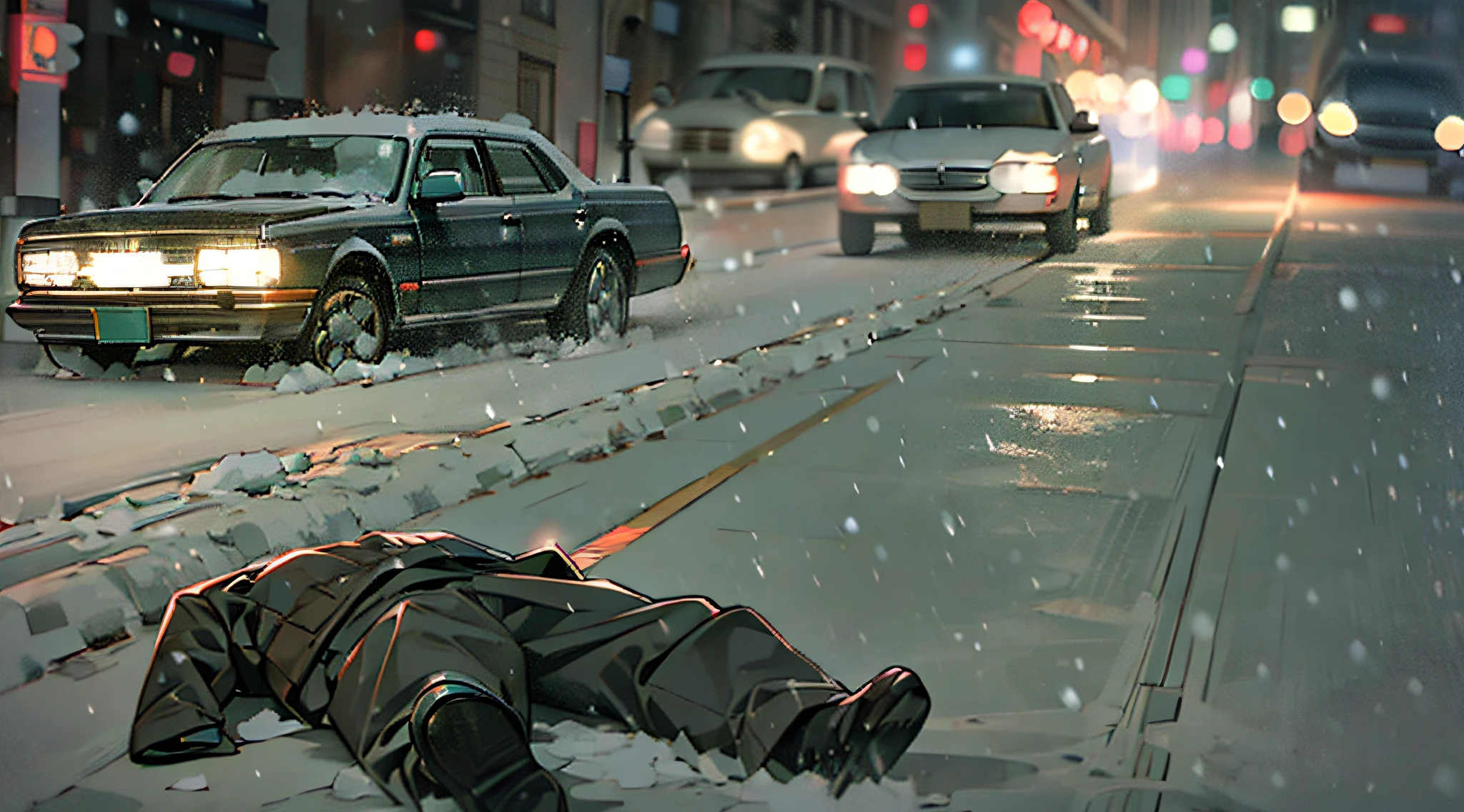Masterpiece, Best quality, A cold winter night,Snow covers the streets,The bodies of four robbers lay on the road, Dim street lamps cast blurry shadows, Cinema lenses (Complex bokeh);,hyper HD