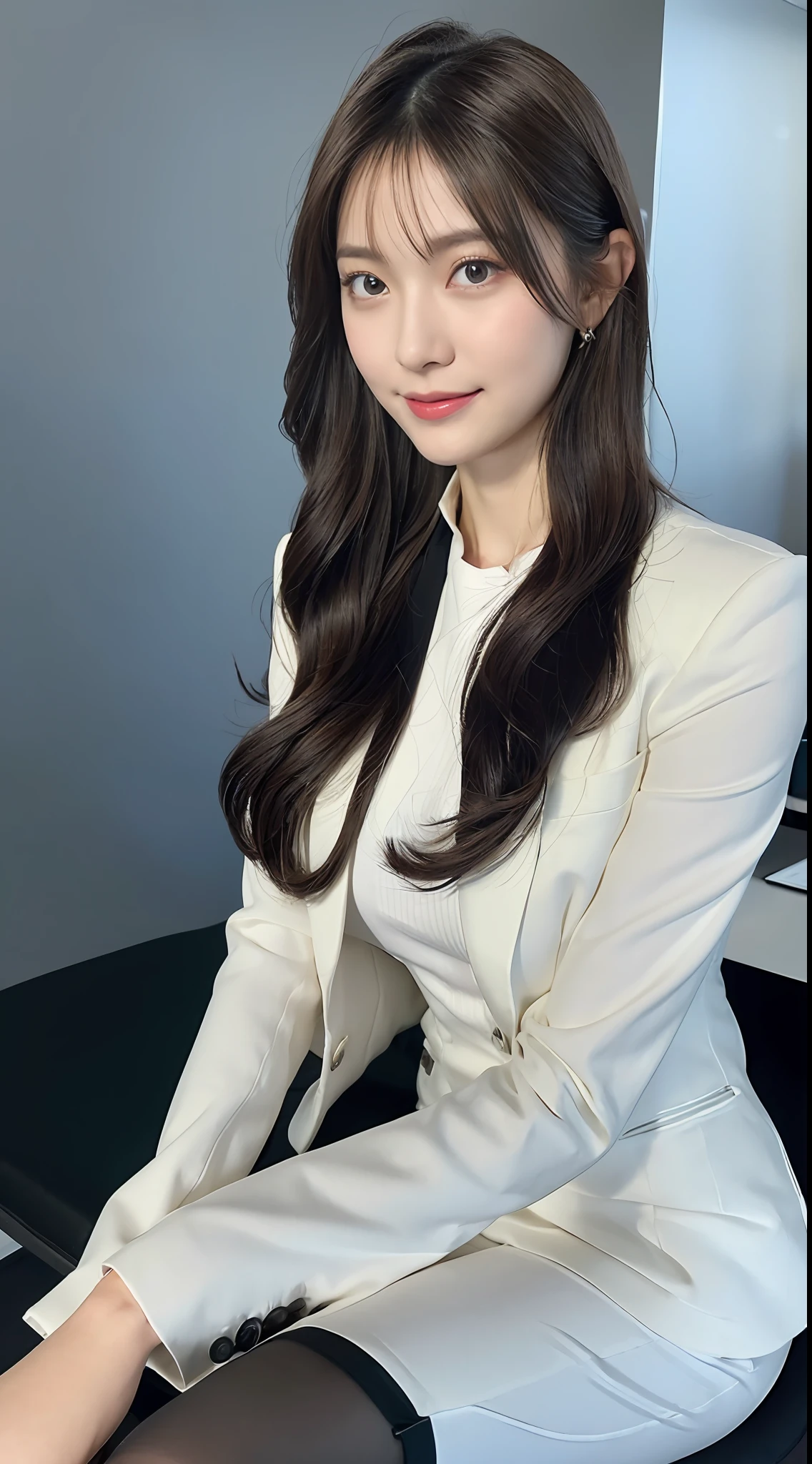 Elegant woman in white business suit,  (beauty legs、thighs thighs thighs thighs、Black pantyhose)、Sitting at a desk、Wearing a strict white business suit, luxurious suit, Girl in a suit, Girl in suit, in a strict suit, elegant suit, ekaterina, in a business suit, Business attire,　Wearing a business suit, Smile、Ready for a meeting、(Photorealsitic:1.4)、(masuter piece:1.3)、 (intricate-detail:1.2), (crisp photos)、Raw photo, (top-quality, ​masterpiece:1.2),(intricate detailes:1.4),(octane renderings, Complex 3D rendering ultra detail, studio lights, crisp lighting, vibrant detail, Super Detail, realistic skin textures, Detail Face, Beautiful detail eyes, Very detailed CG Unity 16k wallpaper, make - up, (detailedbackground:1.2), shinny skin、