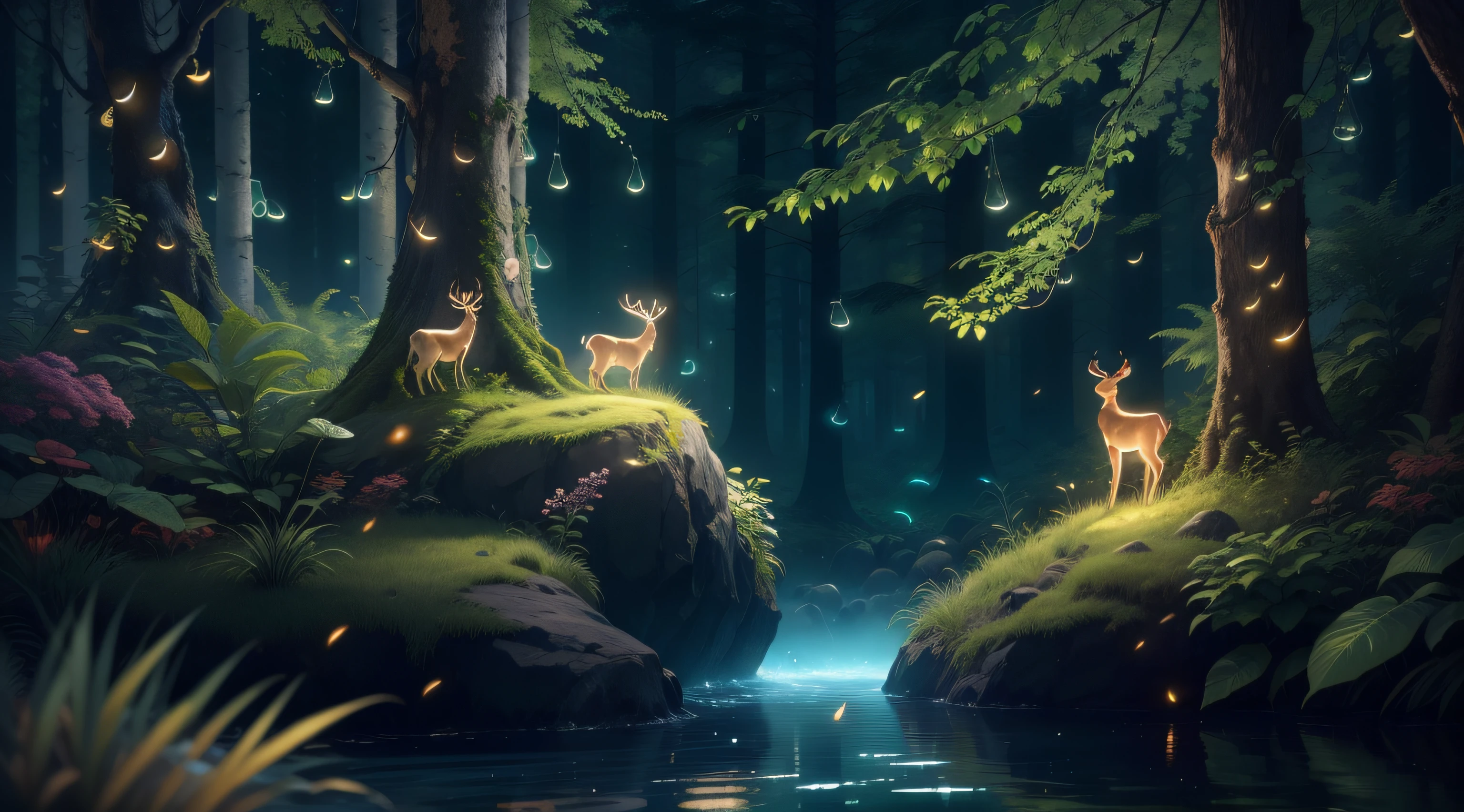 Masterpiece, best quality, (very detailed CG unity 8k wallpaper), (best quality), (best illustration), (best shadows), glow sprite, with a glowing deer, in the swimming pool Drinking water, natural elements in the forest theme. Mysterious forest, beautiful forest, nature, surrounded by flowers, delicate leaves and branches surrounded by fireflies (natural elements), (jungle theme), (leaves), (twigs), (fireflies), (particle effects) etc. 3D , Octane rendering, ray tracing, super detailed