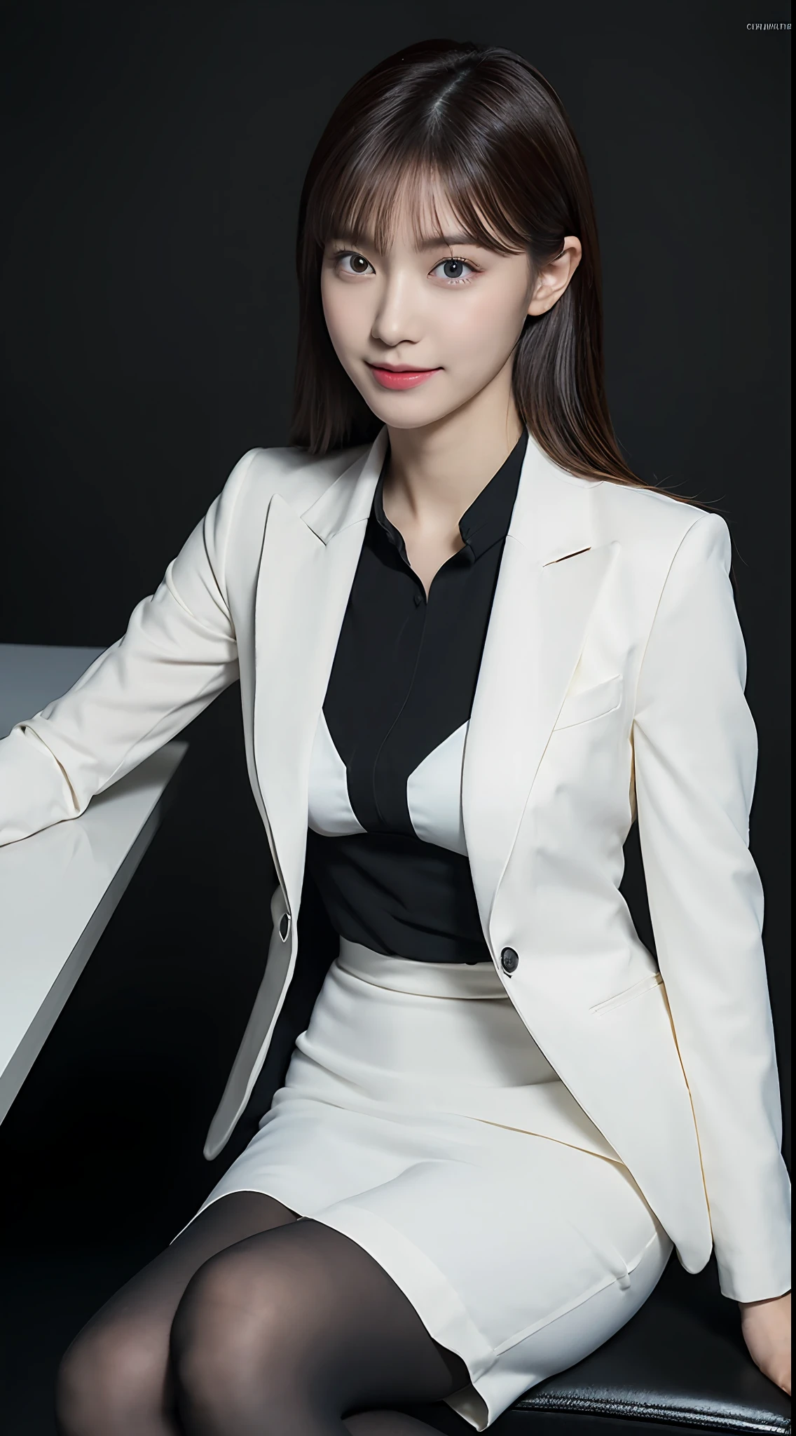 Elegant woman in white business suit, (beauty legs、thighs thighs thighs thighs、Black pantyhose)、Sitting at a desk、Wearing a strict white business suit, luxurious suit, Girl in a suit, Girl in suit, in a strict suit, elegant suit, ekaterina, in a business suit, Business attire, Wearing a business suit, Smile、Ready for a meeting、(Photorealsitic:1.4)、(masuter piece:1.3)、 (intricate-detail:1.2), (crisp photos)、Raw photo, (top-quality, masterpiece:1.2),(intricate detailes:1.4),(octane renderings, Complex 3D rendering ultra detail, studio lights, crisp lighting, vibrant detail, Super Detail, realistic skin textures, Detail Face, Beautiful detail eyes, Very detailed CG Unity 16k wallpaper, make - up, (detailedbackground:1.2), shinny skin、