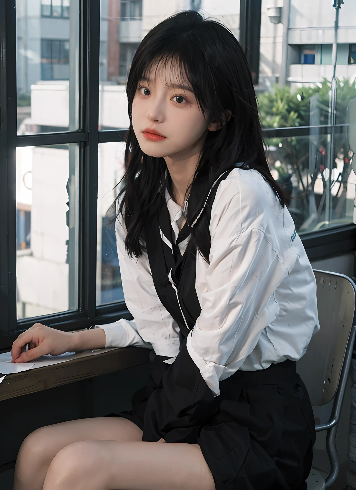 best qualtiy,tmasterpiece,超A high resolution,(realisticlying:1.4),1girll,Beautiful Meticulous Girl, Very detailed eyes and face, Beautiful breakdown, absurderes, Incredibly Ridiculous res, ultra - detailed, A high resolution, The is very detailed, best qualtiy, tmasterpiece, ((Japan Girls' High School Junior High School Uniform)), in class room, By the window and outside the blue sky, unified, 8k wallpaper, That's great, finedetail, tmasterpiece, high high quality, Highly detailed CG uniform 8k wallpaper,电影灯光,16yo girl,(dynamicposes))),(camel-toe),(knee-bending leg sit))