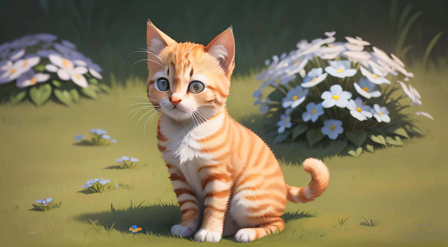 "Draw an orange kitten，It is squatting on the grass，There are several blue flowers around。”