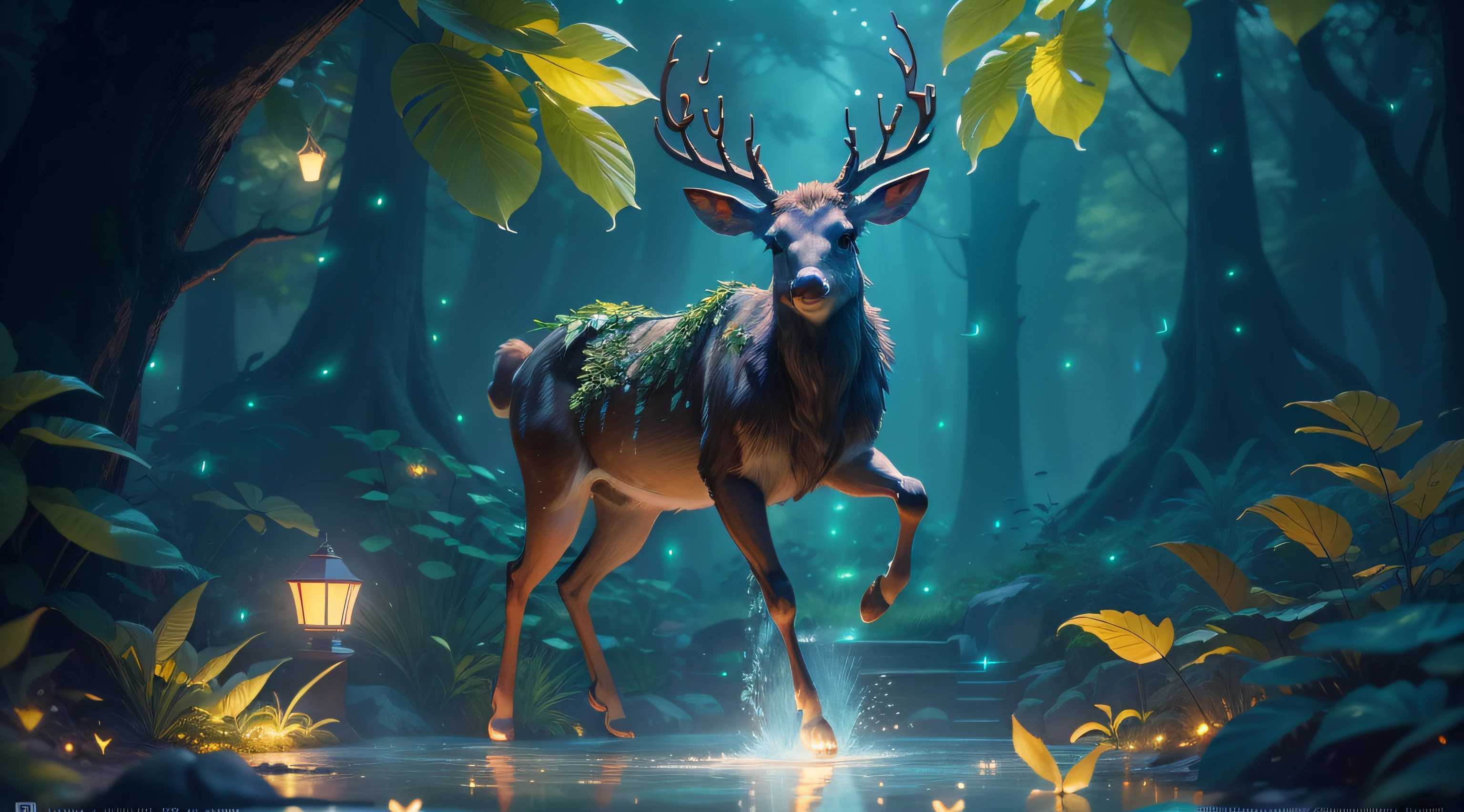 Masterpiece, best quality, (very detailed CG unity 8k wallpaper), (best quality), (best illustration), (best shadows), glow sprite, with a glowing deer, in the swimming pool Drinking water, natural elements in the forest theme. Mysterious forest, beautiful forest, nature, surrounded by flowers, delicate leaves and branches surrounded by fireflies (natural elements), (jungle theme), (leaves), (twigs), (fireflies), (particle effects) etc. 3D , Octane rendering, ray tracing, super detailed
