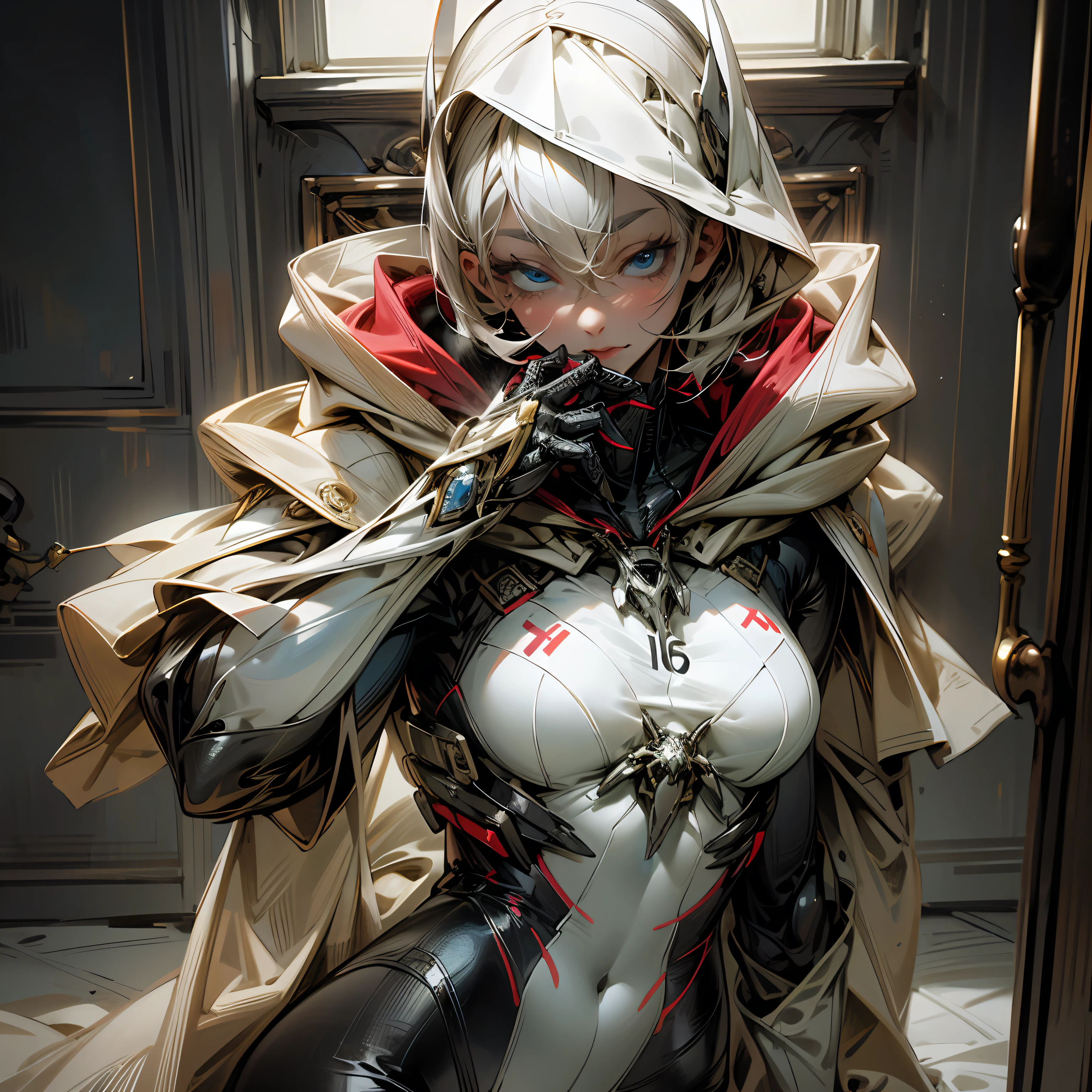 spider-gwen,red and white suit,hood,sexy,slim,masterpiece,best quality,16k HDR,super blue eyes,perfect anatomy,elegant,sensual,eyes super most detailed,perfect eyes