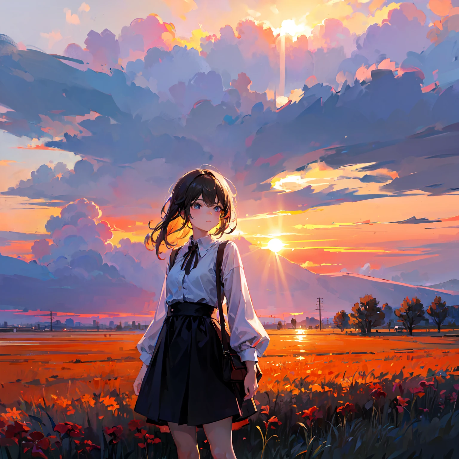 girl standing in field, closeup, portrait, clouds, sunrise