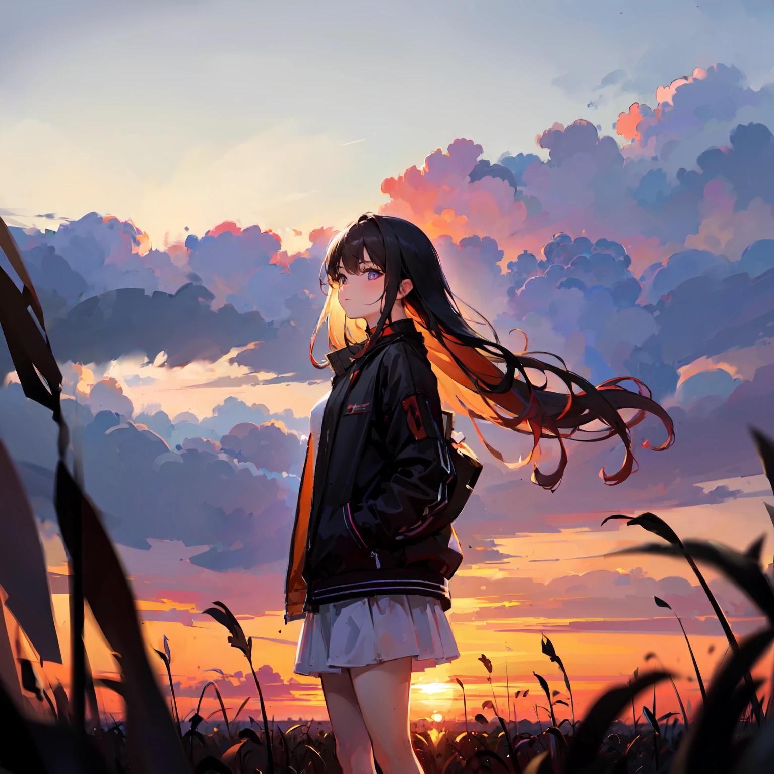 girl standing in field, closeup, portrait, clouds, sunrise