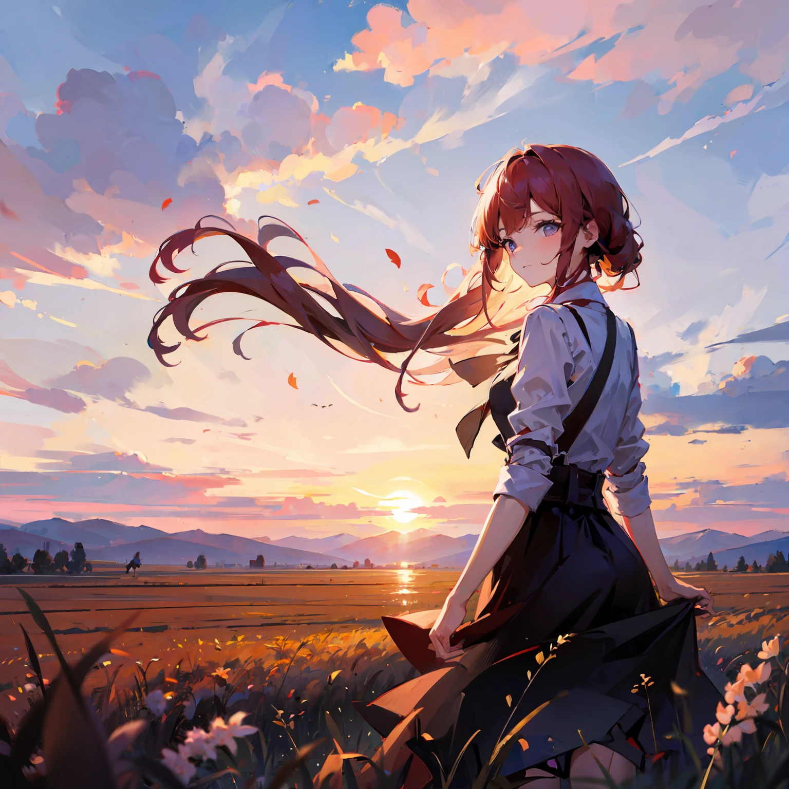 girl standing in field, closeup, portrait, clouds, sunrise
