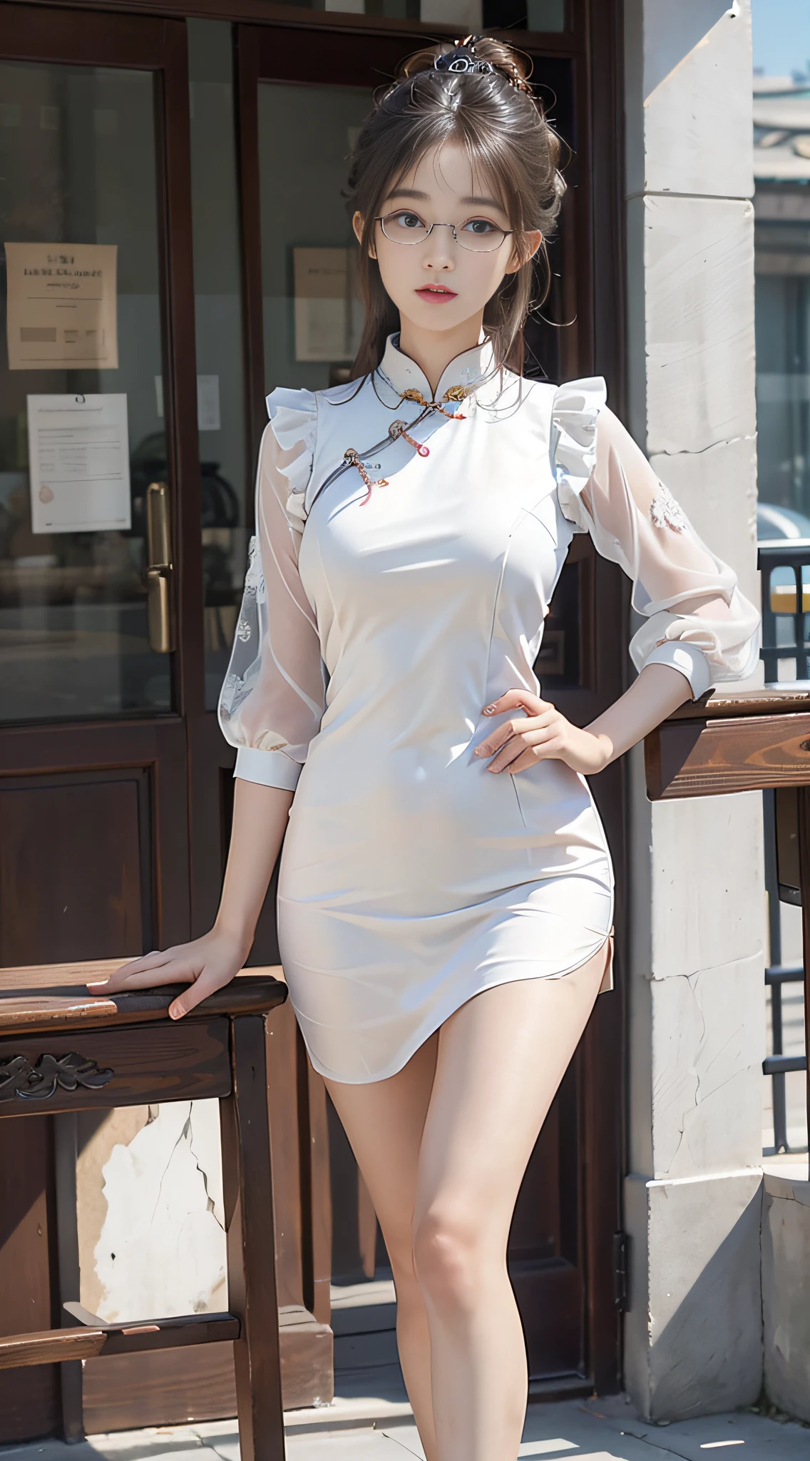 ulzzang-6500-v1.1,(raw photo), (photorealistic), beautiful detailed girl, very detailed eyes and face, beautiful detailed eyes, huge file size, super detailed, high resolution, very detailed, best quality, masterpiece, ((all kinds of beautiful hip wrapping cheongsam)), (), (all kinds of beautiful hip cheongsam), ((face photo shot), illustration, very detailed, CG, unified, 8k wallpaper, amazing, fine details, masterpiece, best quality, wallpaper, light on face, movie lighting, 1girl, 16 years old, long white hair, side split, perfect figure, (with glasses), ((standing in an elegant posture))), (camel toe), (panorama)