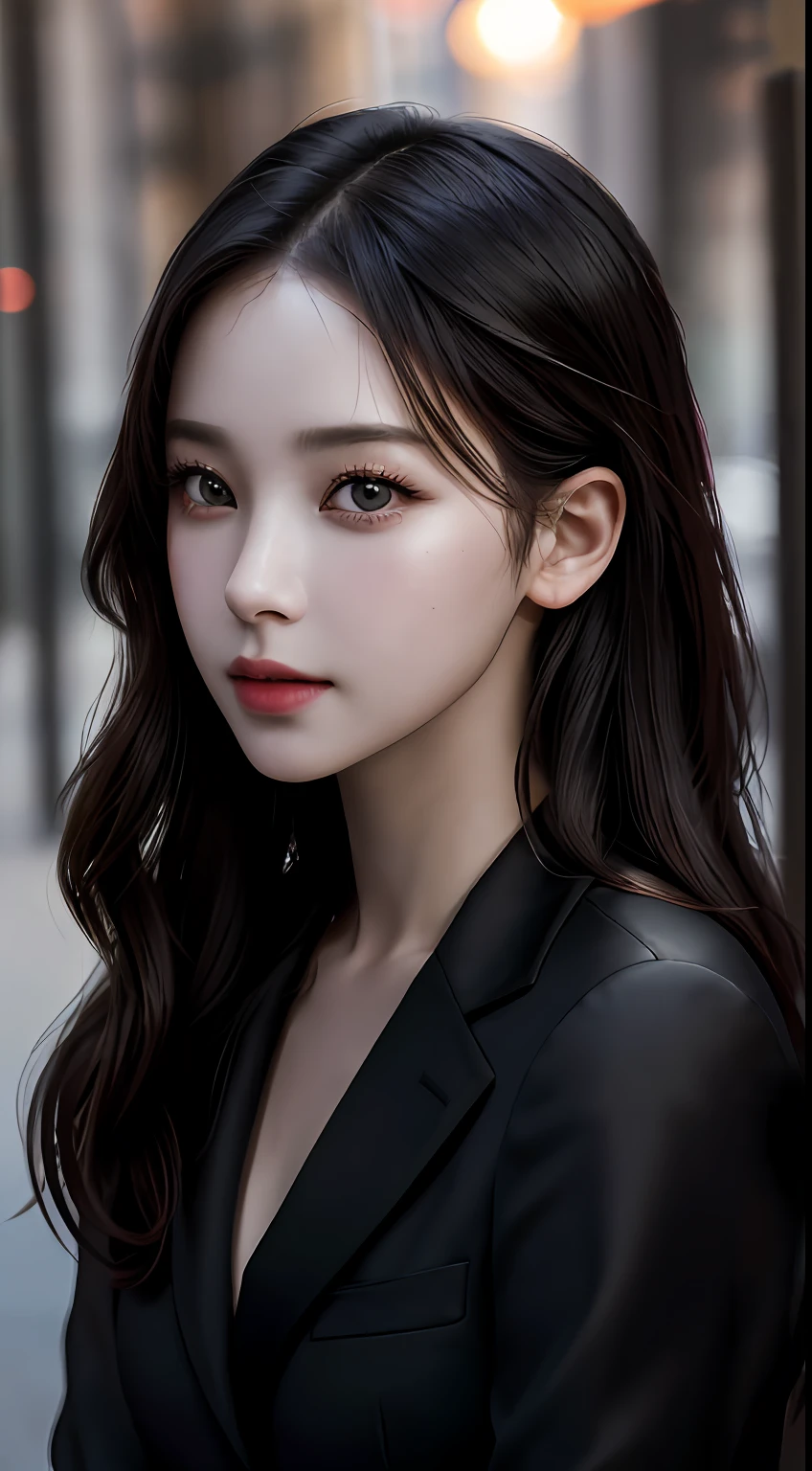 best quality, masterpiece, 1girl, Beautiful face, (photo realistic:1.3), rim lighting, (high detailed skin:1.2), 8k uhd, dslr, high quality, high resolution, 4k, 8k, Bokeh,  absurdres, best ratio four finger and one thumb, (realistic:1.3), cute 1girl, wearing black formal blazer, medium breasts, short skirt,