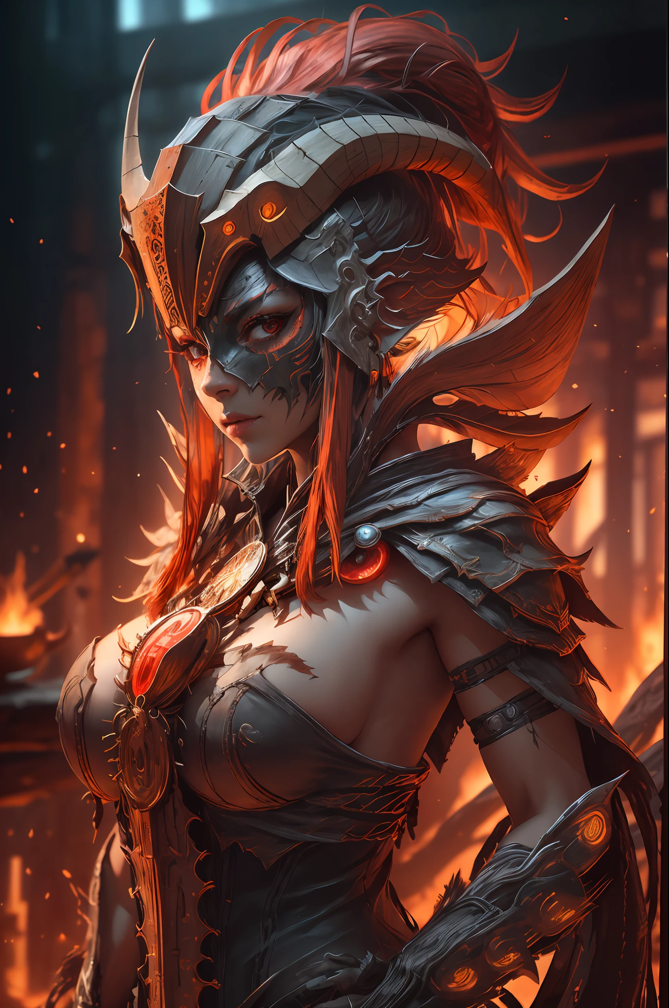 sh4g0d,
girl shaman, wearing mask made of wood, portrait, standing in an s-shape, red ringlets, sexy breast, 4k , great details and colours
