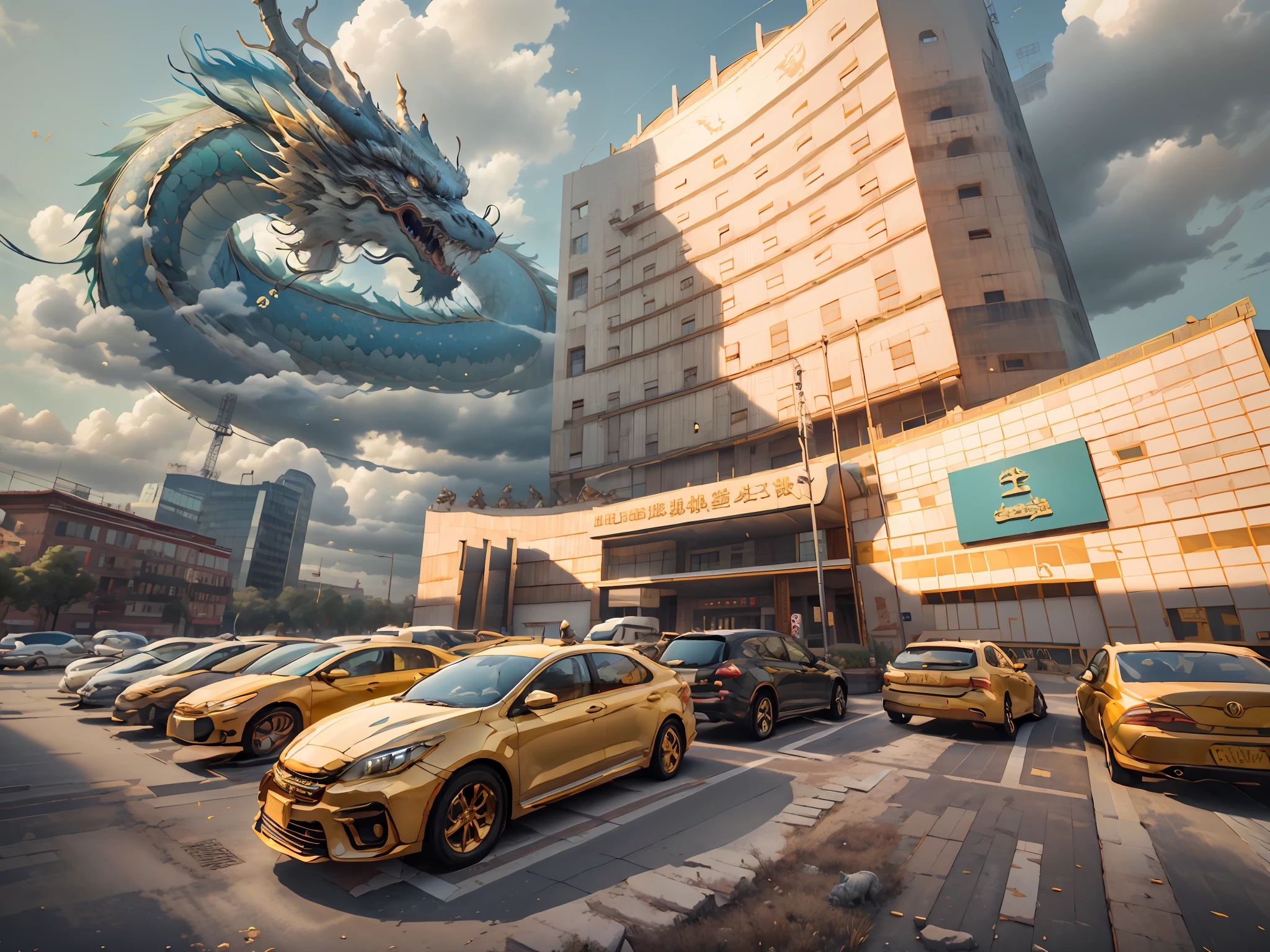 IvoryGoldAI,There are Chinese dragons in the sky,There are Chinese dragons in the clouds,chinesedragon,Clouds,A Chinese dragon flew out from behind the building,Chinese dragons surround the building
