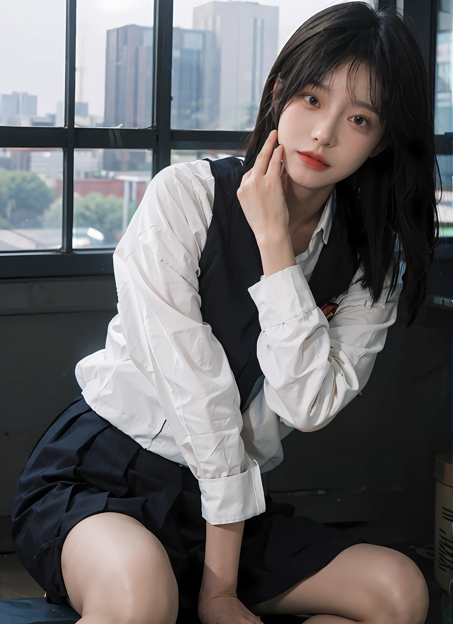 best qualtiy，tmasterpiece，超A high resolution，（realisticlying：1.4），1girll，Beautiful Meticulous Girl， Very detailed eyes and face， Beautiful breakdown， absurderes， Incredibly Ridiculous res， ultra - detailed， A high resolution， The is very detailed， best qualtiy， tmasterpiece， （（Japan Girls' High School Junior High School Uniform））， in class room， By the window and outside the blue sky， unified， 8k wallpaper， That's great， finedetail， tmasterpiece， high high quality， Highly detailed CG uniform 8k wallpaper，电影灯光，16yo girl，（dynamicposes））），（camel-toe），（knee-bending leg sit））