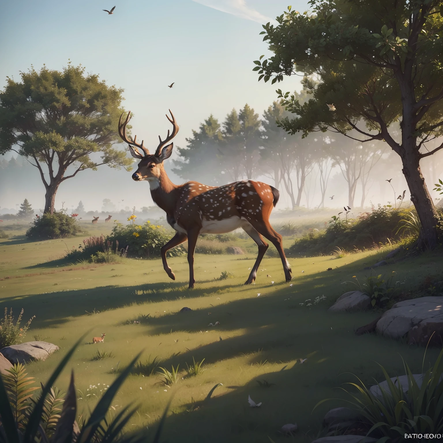 A BEAUTIFUL (1DEER) WITH WHITE ROUND SPOTS ON THIS BODY IS ROAMING HAPPILY ON THE OPEN GROUND, (VEGETATION:1.2), (MIST:0.8), (DEW DROPS:0.6), ((HAZE)), COLOURFUL BIRDS FLYING AROUND, HIGHLY DETAILED DEER, HIGHLY DETAILED VEGETATION, DETAILED SURROUNDING, ((NATURE:1.6)), BIRDS CHIRPING, RAYTRACING, RTX, UNREAL ENGINE 5