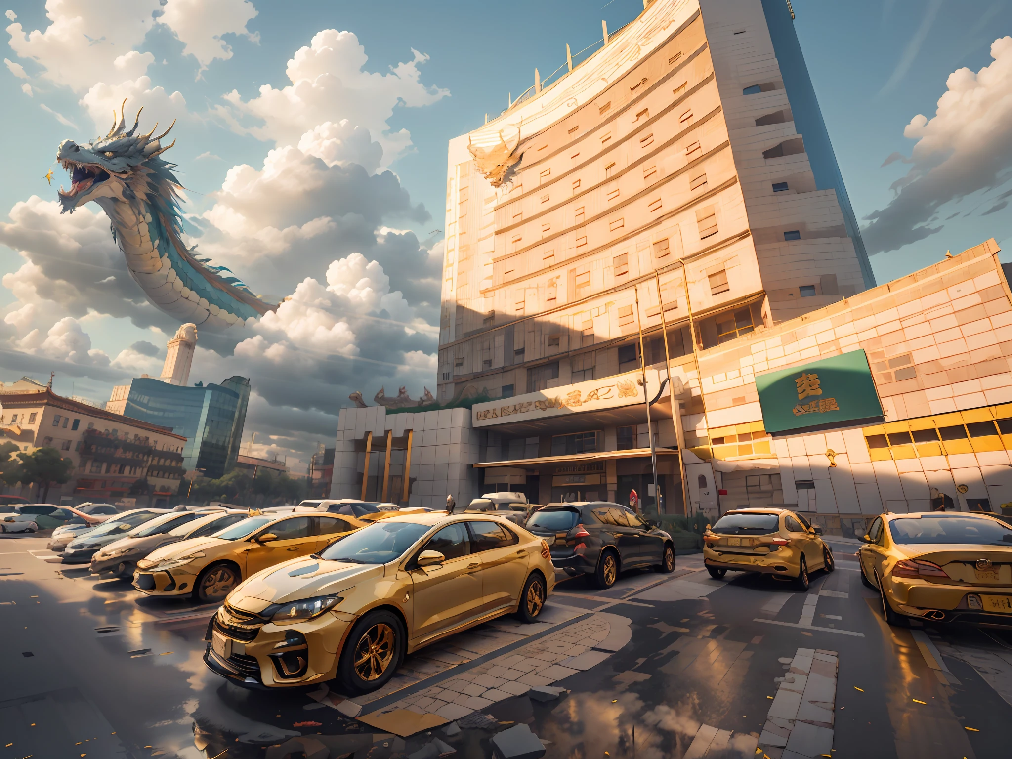 IvoryGoldAI，There are Chinese dragons in the sky，There are Chinese dragons in the clouds，chinesedragon，Clouds，A Chinese dragon flew out from behind the building，Chinese dragons surround the building