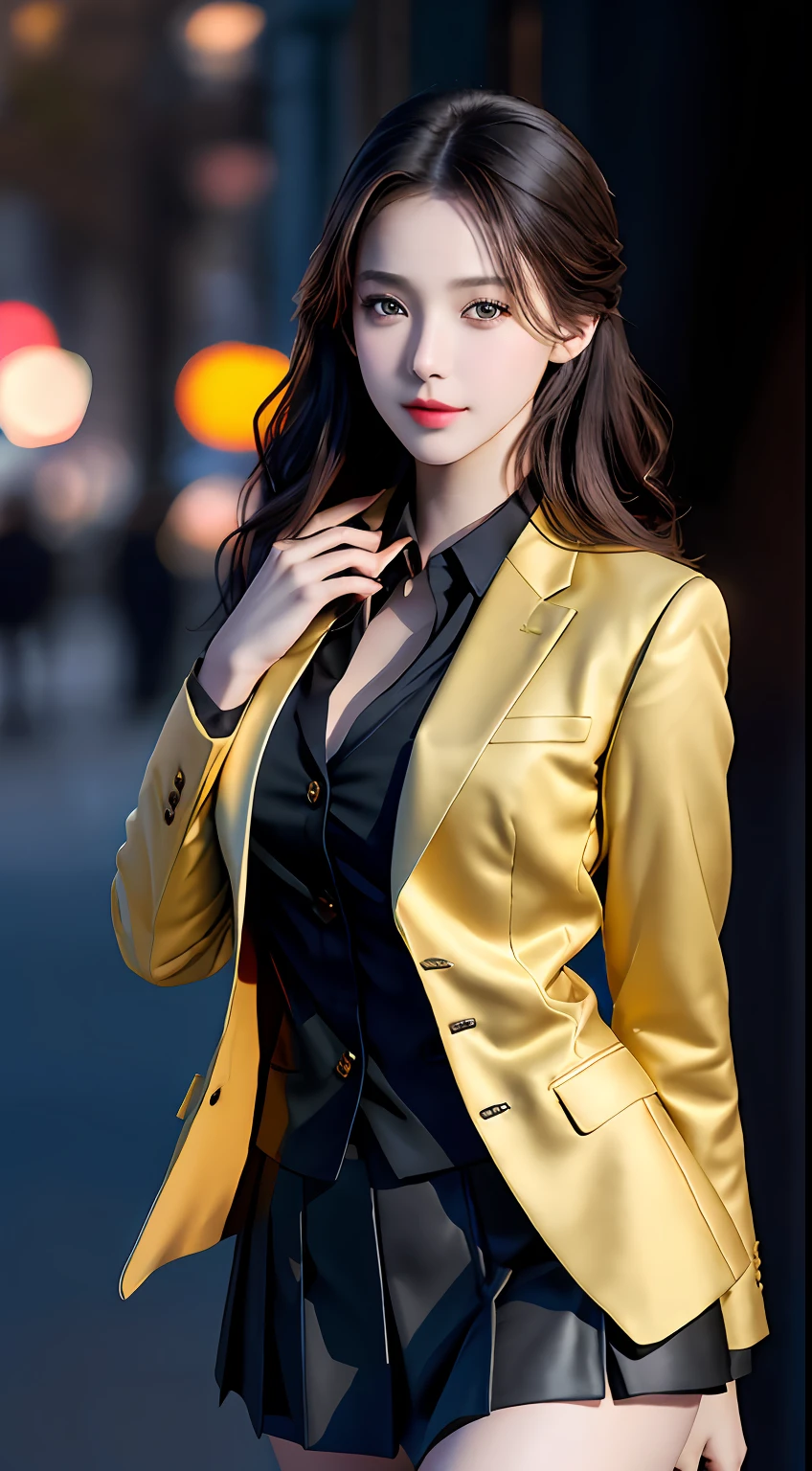 best quality, masterpiece, 1girl, Beautiful face, (photo realistic:1.3), rim lighting, (high detailed skin:1.2), 8k uhd, dslr, high quality, high resolution, 4k, 8k, Bokeh,  absurdres, best ratio four finger and one thumb, (realistic:1.3), cute 1girl, wearing black formal blazer, medium breasts, short skirt,
