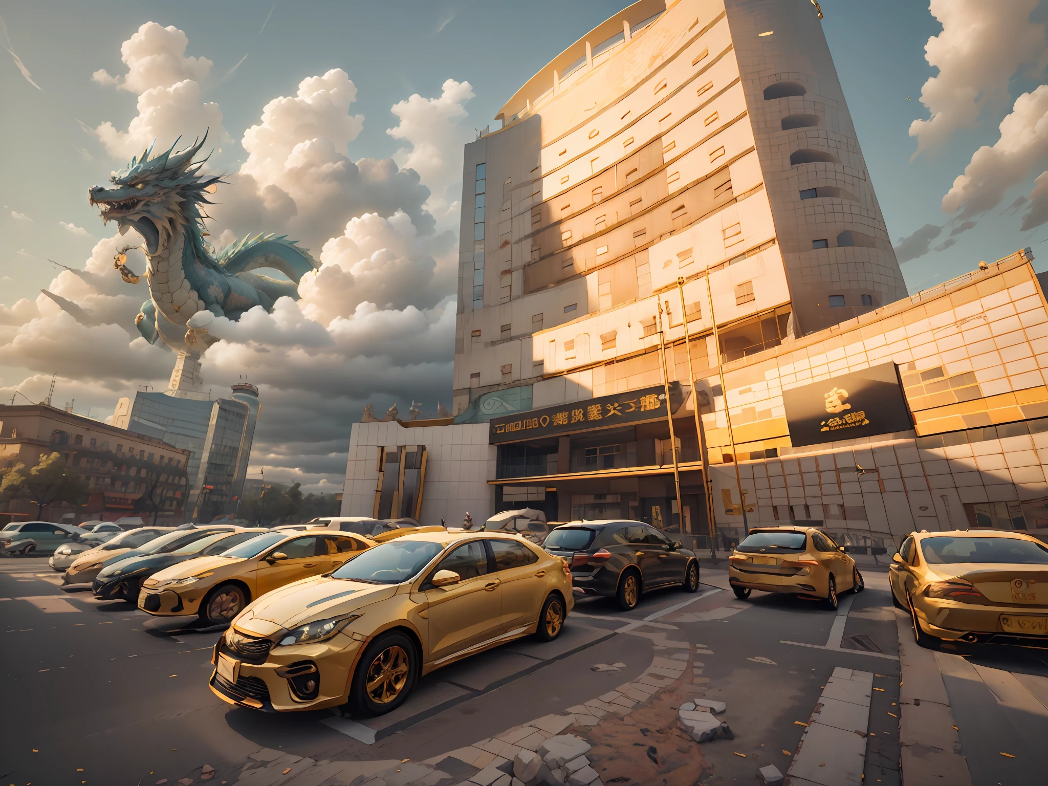 IvoryGoldAI,There are Chinese dragons in the sky,There are Chinese dragons in the clouds,chinesedragon,Clouds,A Chinese dragon flew out from behind the building,Chinese dragons surround the building,Clouds in the shape of Chinese dragons