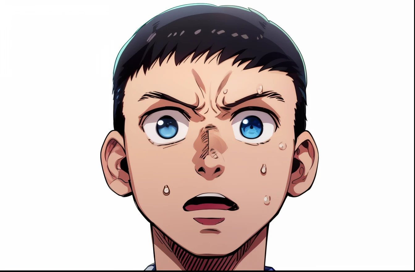 a anime of a man close up, open mouth, Caesar Cut hair, blue eyes, short hair, open mouth, shocked, sweat, sweatdrop, black hair color, text manga, color manga, manga color, color manga, color manga panel, simple background, a white background