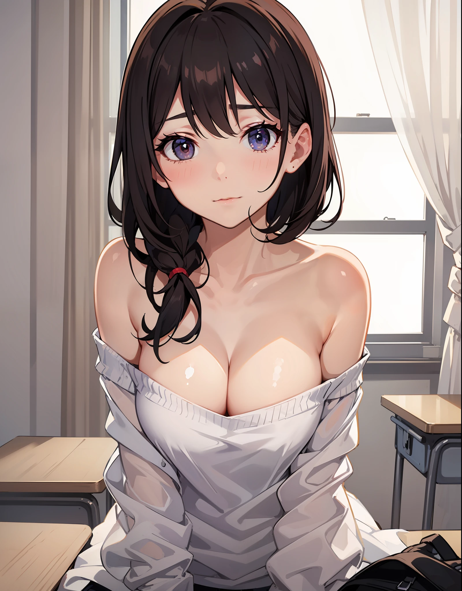 upperbody closeup,sportrait,little breast,,Classroom,Be red in the face,Off-the-shoulder attire,cleavage,looks into camera