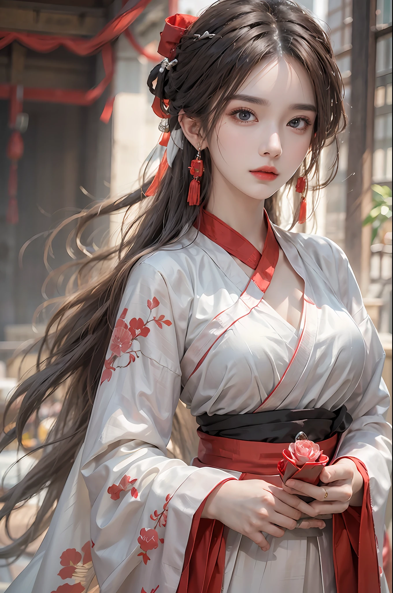 photorealistic, high resolution, 1 women, solo, hips up, beautiful eyes, long hair, red wedding hanfu, red dot on forehead chinese, gorgeous accessories, wearing pearl earrings