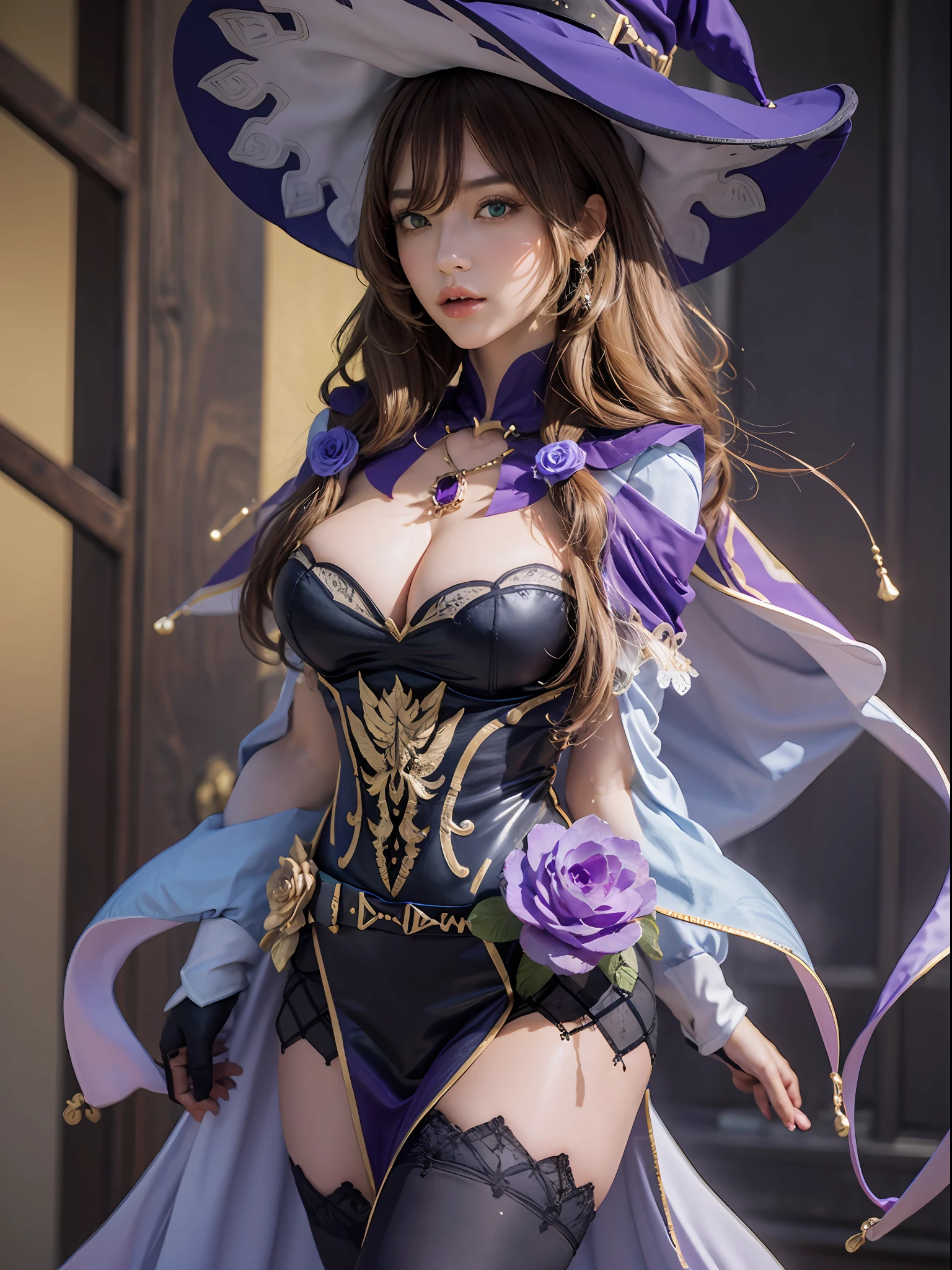 lisadef, 1girl, gloves, witch hat, brown hair, hat flower, green eyes, vision (genshin impact), thighhighs, flower, cleavage, black thighhighs, rose, large breasts, purple rose, multicolored dress, pelvic curtain, jewelry, purple dress, long hair, capelet, multicolored clothes, purple capelet, walk on all four, full of books, full body, breast focus, (masterpiece:1.2) (ultra detailed), (8k, intricate), (85mm), (highly detailed:1.2), (detailed background;1.2), (detailed face:1,5), (gradients), sfw, colorful, (detailed eyes:1.5),