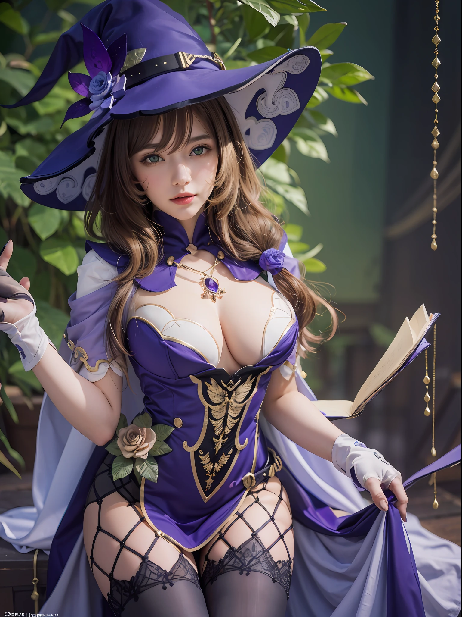 lisadef, 1girl, gloves, witch hat, brown hair, hat flower, green eyes, vision (genshin impact), thighhighs, flower, cleavage, black thighhighs, rose, large breasts, purple rose, multicolored dress, pelvic curtain, jewelry, purple dress, long hair, capelet, multicolored clothes, purple capelet, walk on all four, full of books, full body, breast focus, (masterpiece:1.2) (ultra detailed), (8k, intricate), (85mm), (highly detailed:1.2), (detailed background;1.2), (detailed face:1,5), (gradients), sfw, colorful, (detailed eyes:1.5),