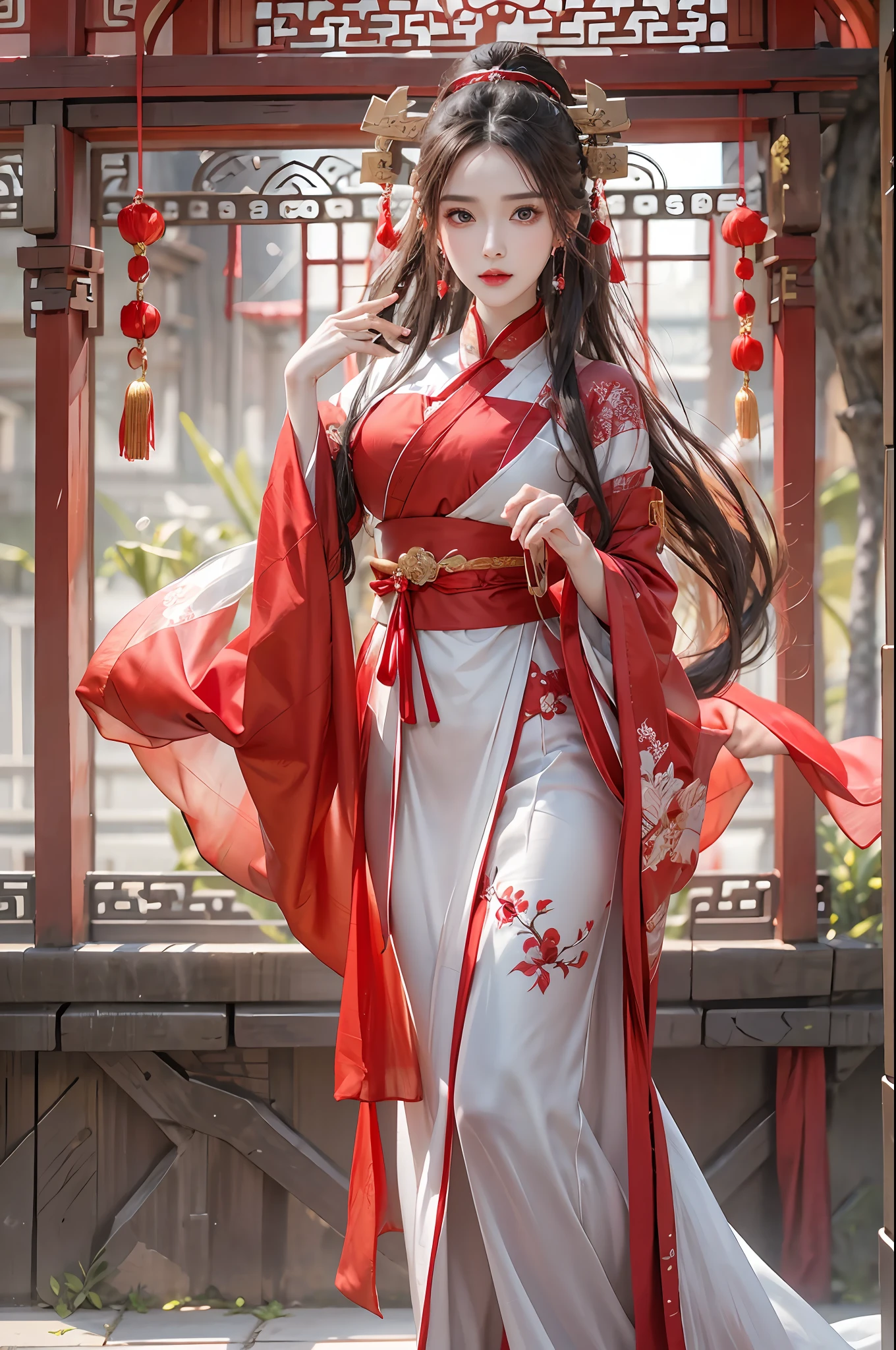 photorealistic, high resolution, 1 women, solo, hips up, beautiful eyes, long hair, red wedding hanfu, red dot on forehead chinese, gorgeous accessories, wearing pearl earrings