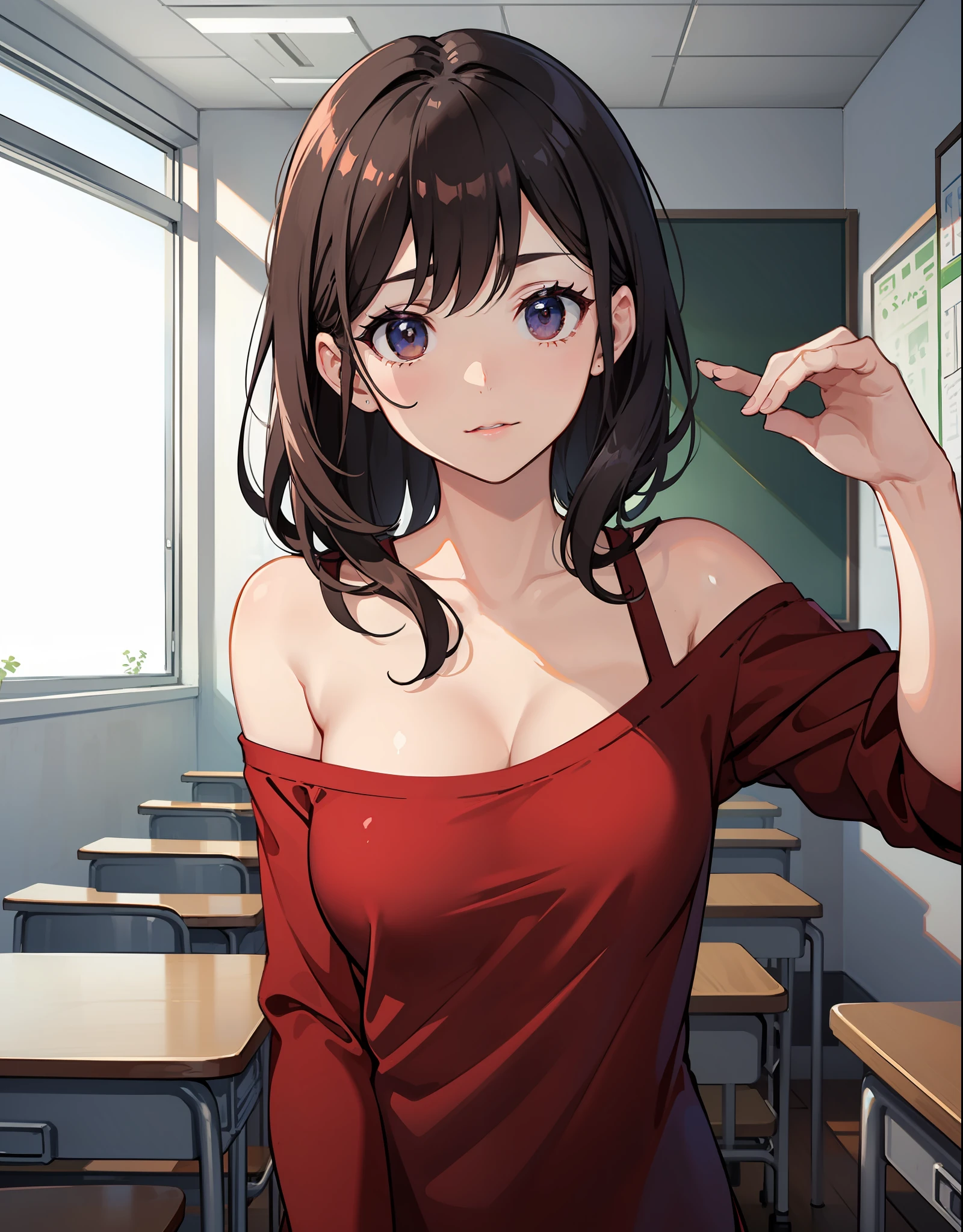 upperbody closeup,sportrait,little breast,elementary student,Classroom,Be red in the face,Off-the-shoulder attire,cleavage,looks into camera,Red clothes