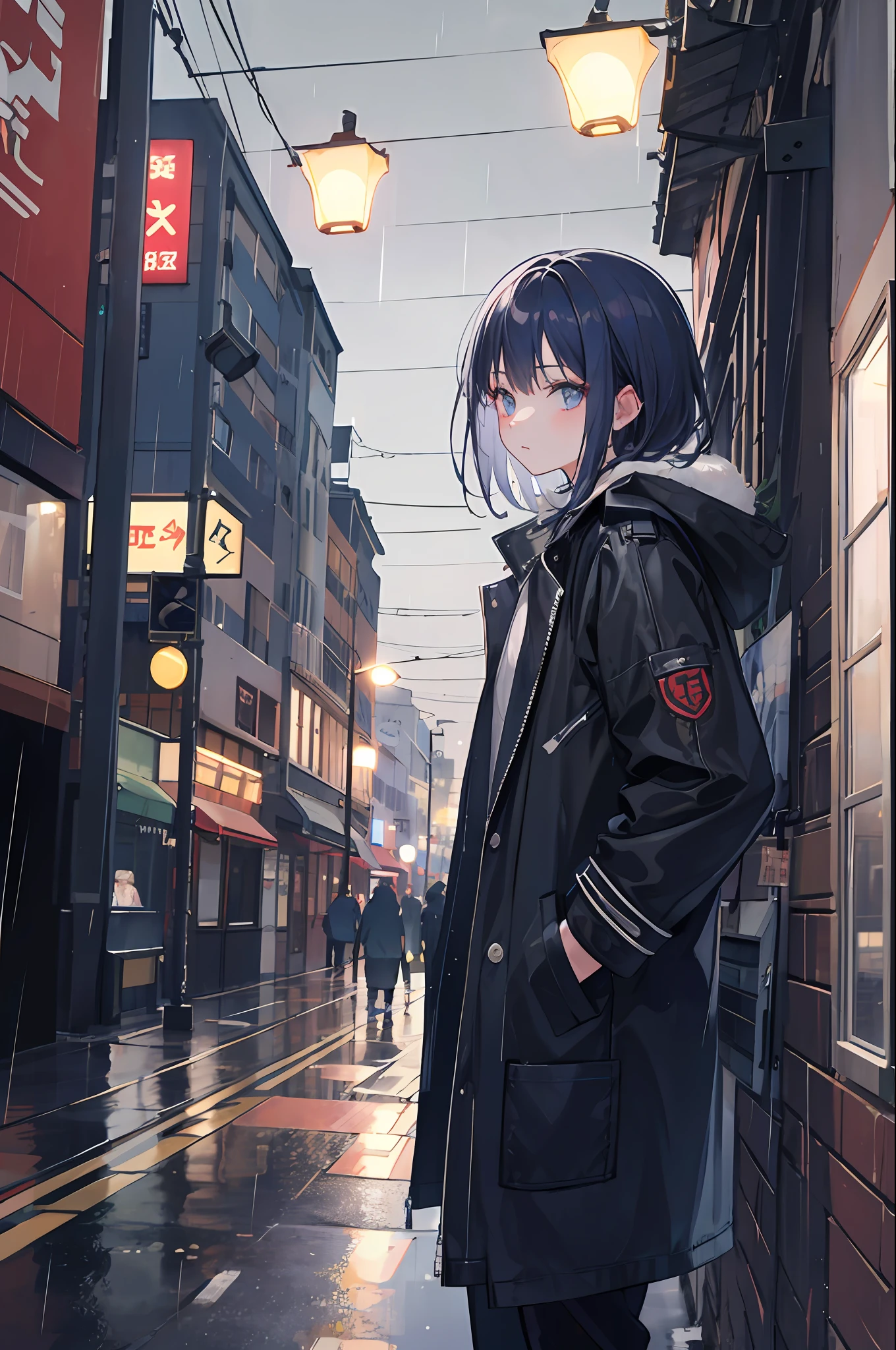 The girl stands alone in her coat on the city street in the night,The rain hit her,She put her hands in her pockets。(+Admission characters)
