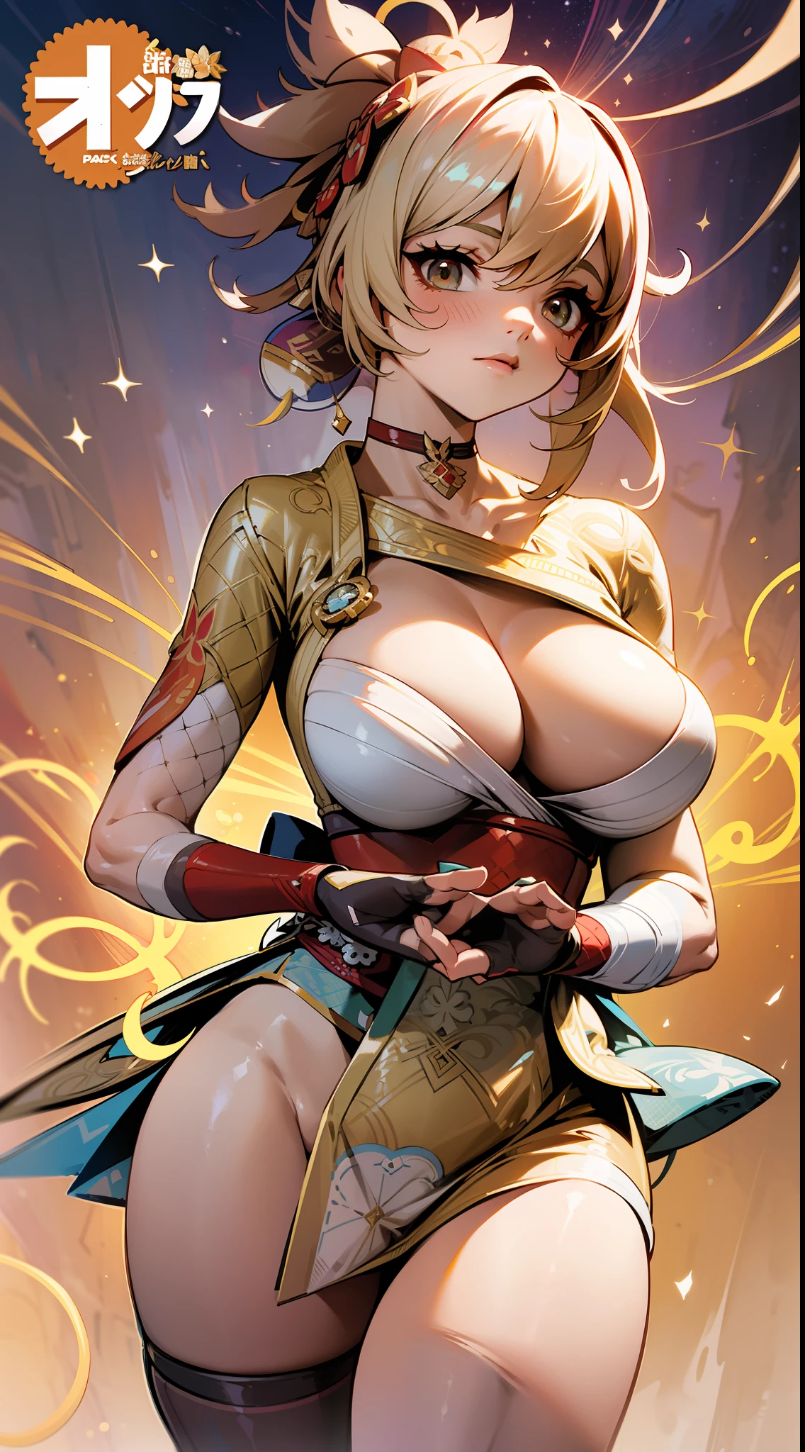 Shaw Palace(Genshin Impact),galactic,Comic cover style,Ancient buildings,Premium comic titles,Expose abs,Slim figure,cropped shoulders,huge tit,White dress at the bottom,Mesh garment,Fleshy thighs,Below the waist are mesh stockings,Masterpiece,hyper-detailed face,Deep rendering
