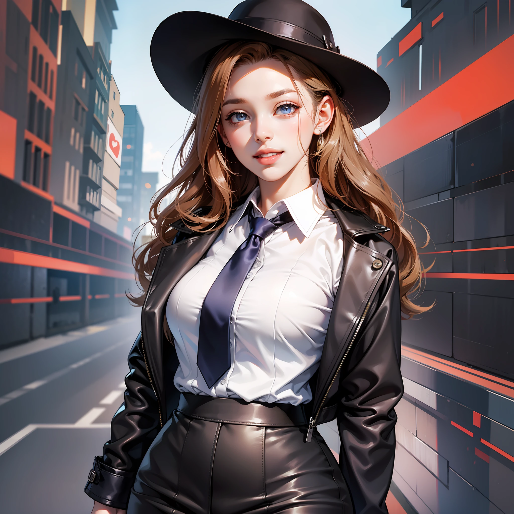(Masterpiece: 1.6, Best Quality), (Fine and Beautiful Eyes: 1.2), (Overhead), High Quality, Beautiful Face, 1girl, Leather Tight Skirt, Oversized Leather Jacket, Big Tits, Long Hair, Wide Hips, (Landscaped), Street, Background, Detail Background, Spooky Smile, Angled Laughter at the Corners of Mouth, Long Coat, Shirt, Tie, Office Lady,