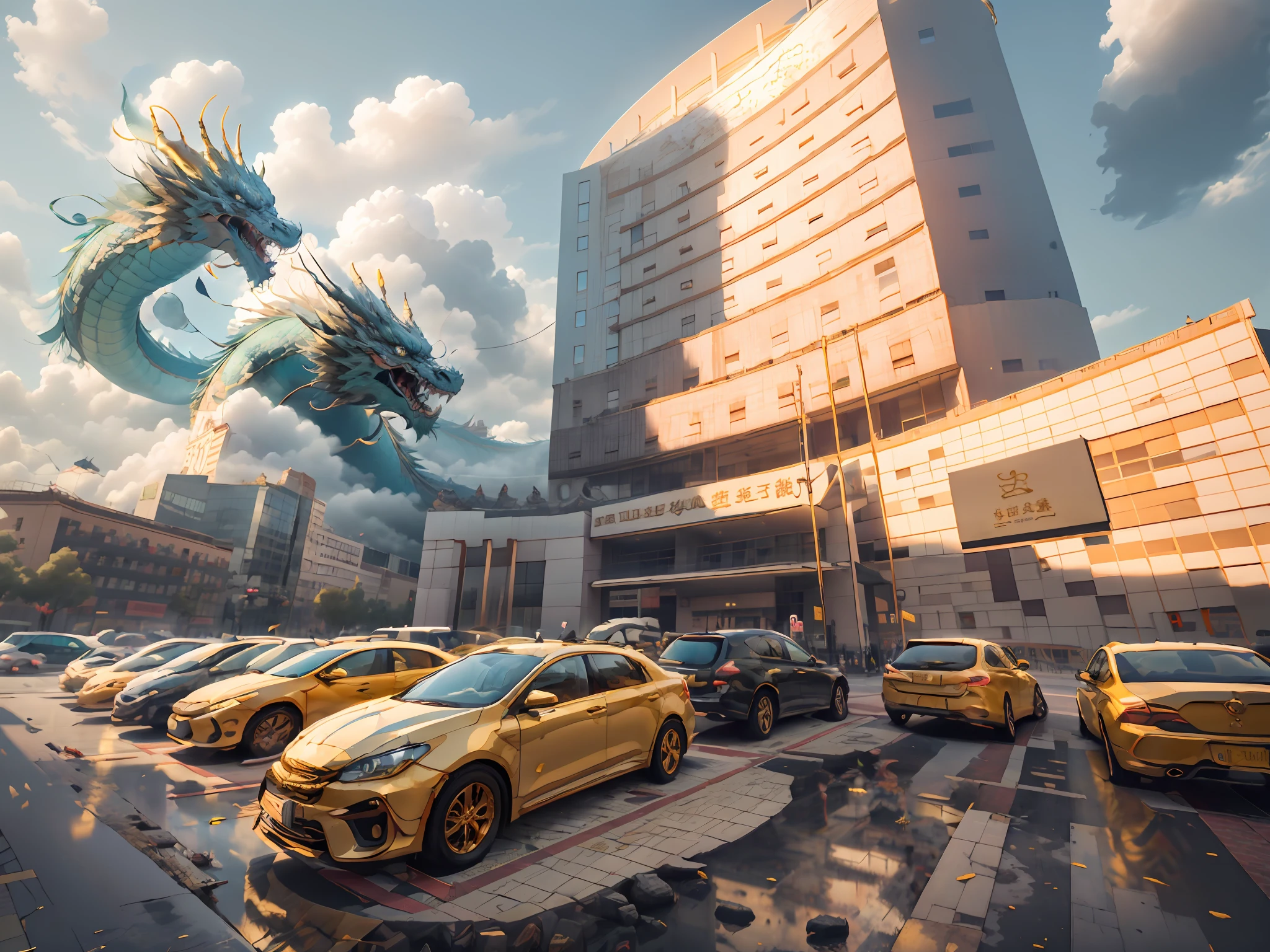 IvoryGoldAI,There are Chinese dragons in the sky,There are Chinese dragons in the clouds,chinesedragon,Clouds,A Chinese dragon flew out from behind the building,Chinese dragons surround the building,Chinese dragon-shaped cloud