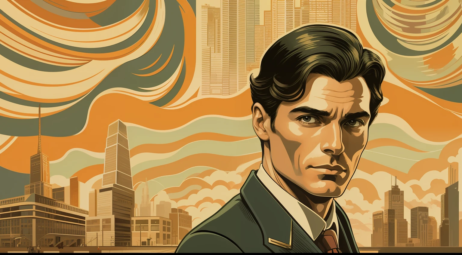 Um personagem com estilo dos anos 1940, representing the physicist and creator of the atomic bomb, with striking and charismatic traits of actor Cillian Murphy. He has dark hair and an enigmatic smile. Wear a classic suit, with pocket handkerchief and well-polished shoes. It's in an office environment with large windows and art deco architecture, in a pose of presentation of a revolutionary project, Pintura digital com cores vivas e detalhes vintage, cartaz do filme --AR 16:9 --V 5