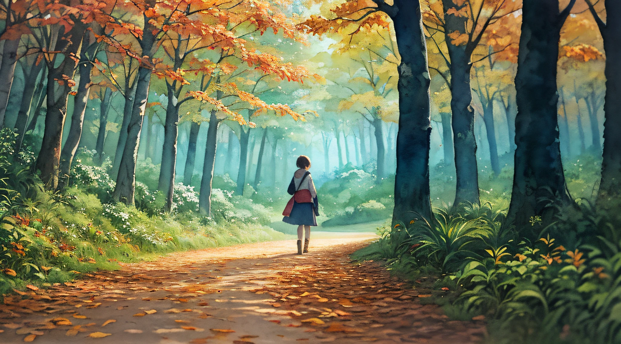 forest, nature, (night: 1.2), ((natural lighting)), clear focus, (long shot: 1.1), (watercolor: 1.2), painting, (autumn: 1.2), studio ghibli