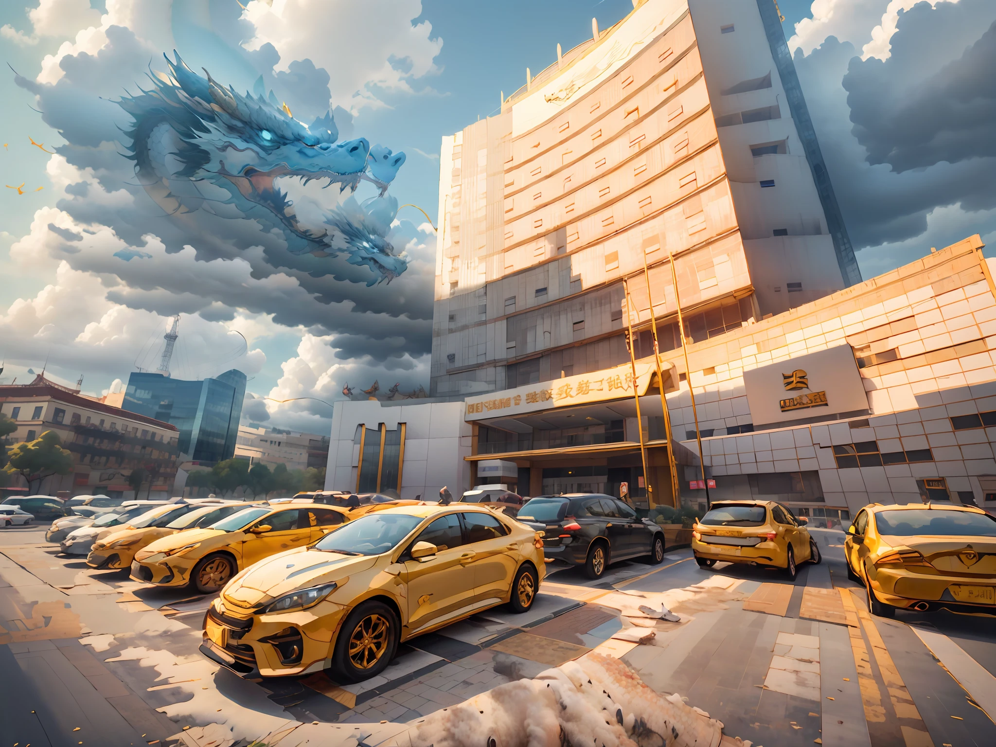 IvoryGoldAI,There are Chinese dragons in the sky,There are Chinese dragons in the clouds,chinesedragon,Clouds,A Chinese dragon flew out from behind the building,Chinese dragons surround the building,Chinese dragon-shaped cloud