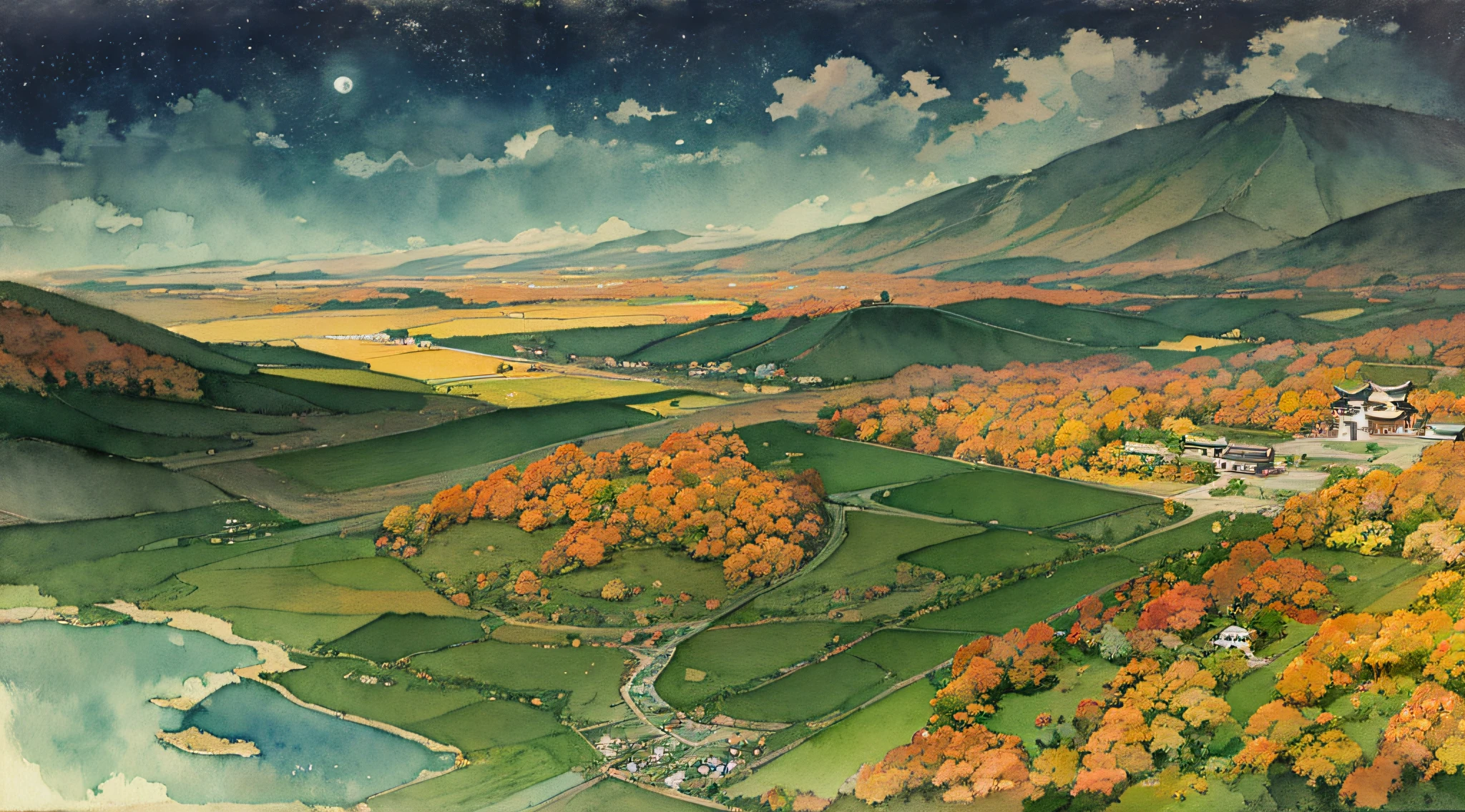 landscape, Japanese style, plain, nature, aerial view, (night: 1.2), ((natural lighting)), clear focus, (long shot: 1.1), (watercolor 1.2), painting, (autumn: 1.2), studio ghibli