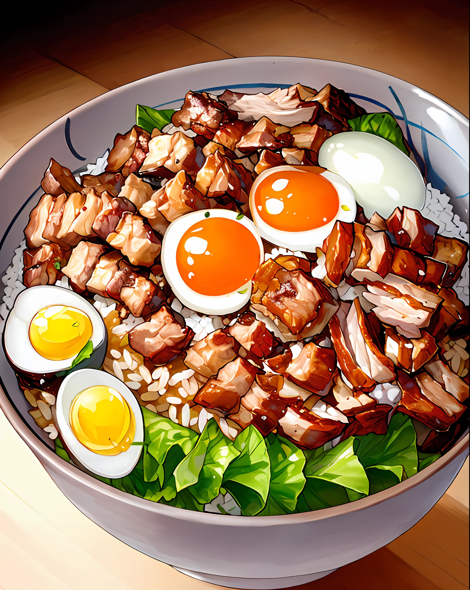 a bowl of braised pork rice, egg, vegetable, ((masterpiece)),illustration,high detail, soft lighting, delicious, colorful, aesthetically pleasing, studio lighting, trending