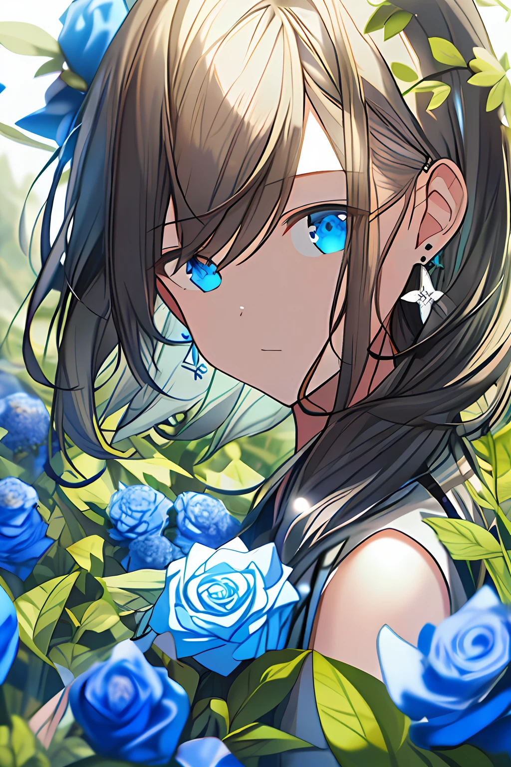 1girll, Solo, flower, Blue rose, sportrait, Foliage, By bangs, signatures, flor branca, brunette color hair, long whitr hair, eBlue eyes, Hair between both eyes, Flower earrings, the girl is in the middle