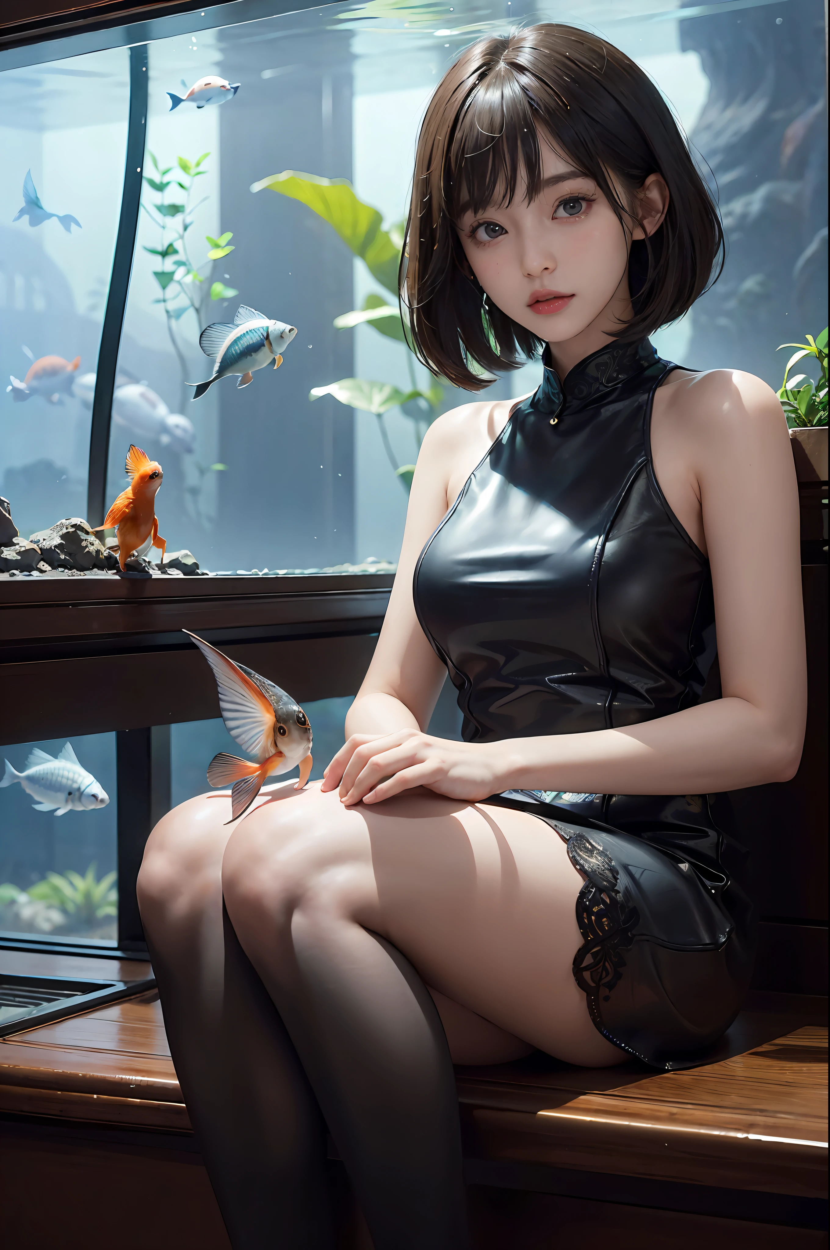 (((a 20 yo woman)))、((aquariums))、masterpiece, 1 beautiful girls, (((very_Short_hair))), Eye details, Swollen eyes, Top image quality, 超A high resolution, (Realistis: 1.4), OriginalPhotographs, 1girl in, Cinematographic lighting, japanes, very beautif, Beautiful skins, (A hyper-realistic), (hight resolution), (8 K), (ighly detailed), (The best illustrations), (beautifully detailed eyes), (ultra-detailliert), A detailed face, look at a camera, Facing straight ahead, Neat Clothing, shorth hair、A dark-haired、46-point diagonal bangs、((aquariums))、Lots of fish、tropical fish