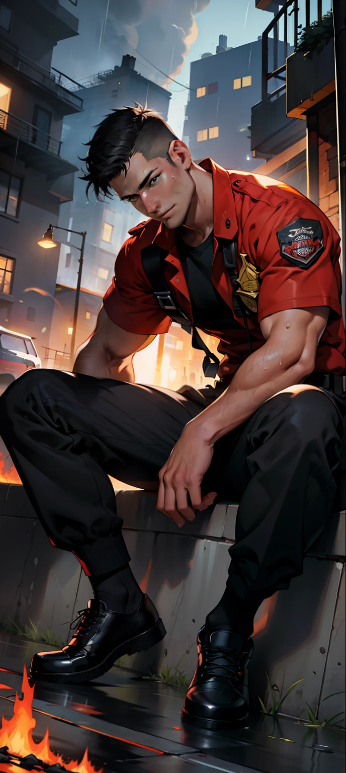 masterpiece, best quality, face, natural eyes, 1man, young man, european, big feet, black socks, large bulge, long legs, looking at viewer, 30 years old, muscled and mature, short haircut, a fire fighter, a firefighter in uniform, a firefighter sitting on the burning ground with fire nozzles in hand and legs stretched, fire fighter uniform, a firrfighter holding a fire nozzles, fire nozzles, water, raining night, fire on the buildings, city night, revelling chest and abs, fire, open chest, naked, flush, organism, face covered with white fluids, sweating, tight cloth, erecting, black leather shoes, very short pants, black socks