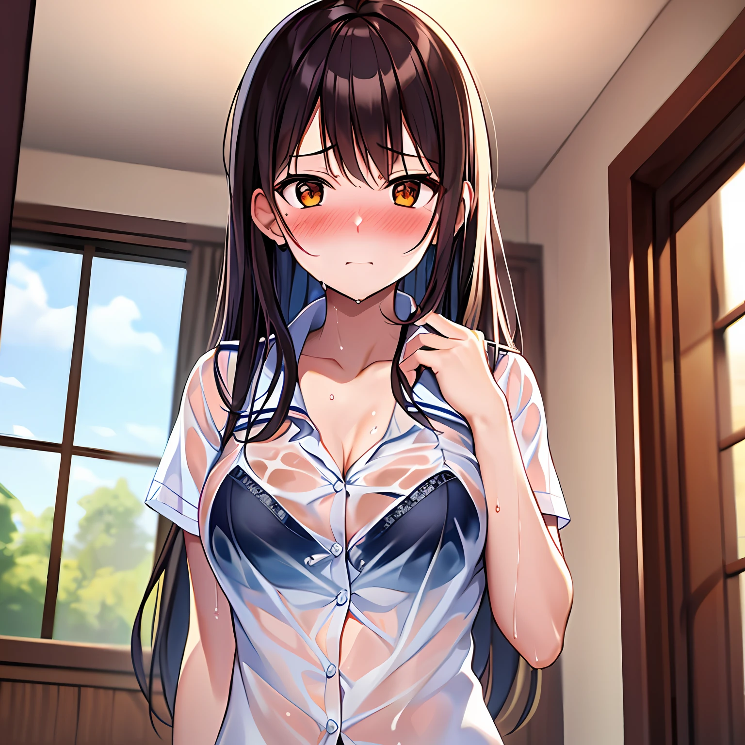 Sister, wearing school uniform, wet and bra see-through, 8K, Best quality, 14 years old, looking at camera, red cheeks, embarrassed, delicate hands, own room, I like my brother, I put my brother's hand on my chest